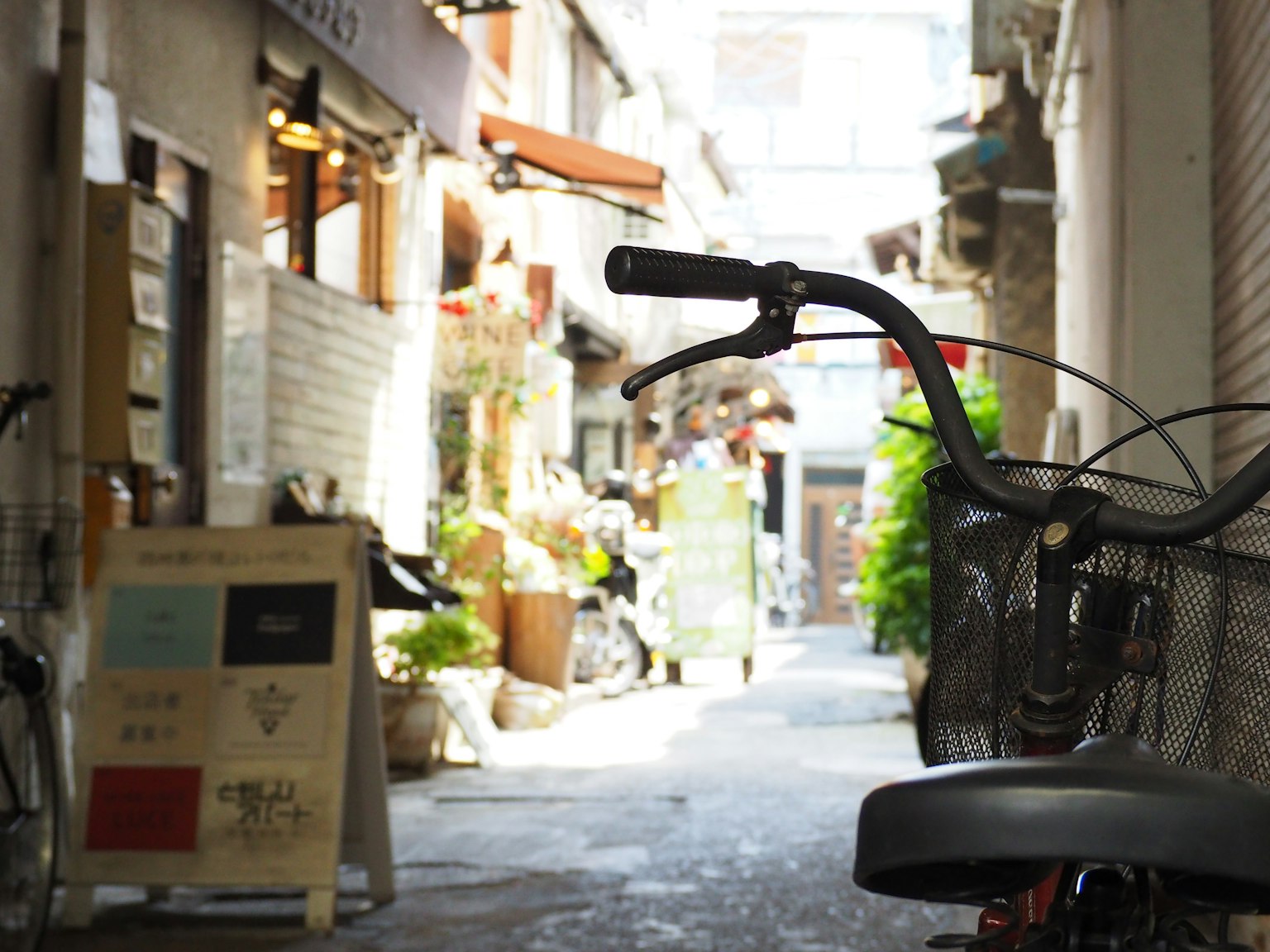 Bicycle parked in a narrow alley with shops and greenery