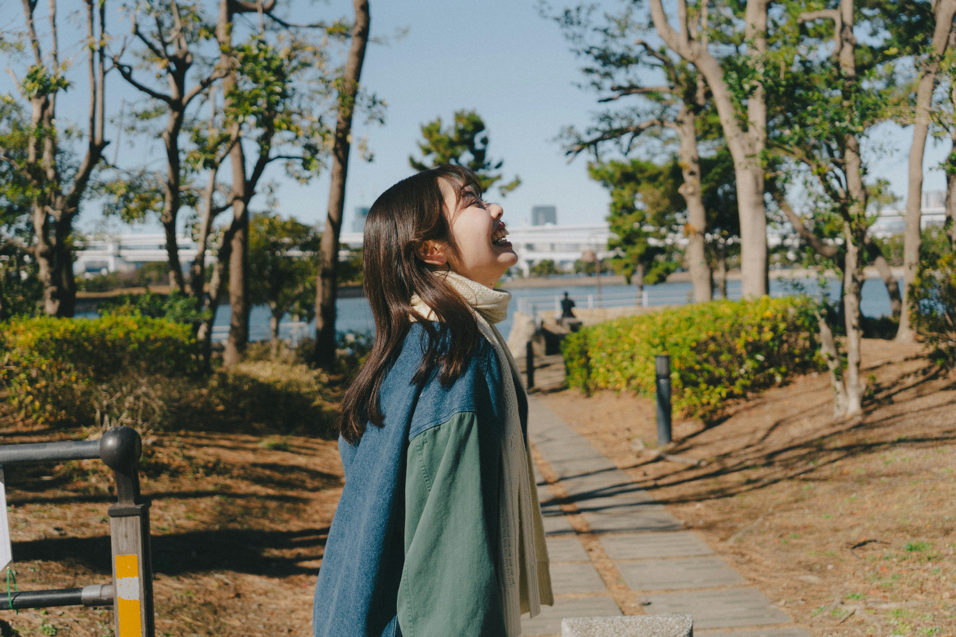 公園の並木道を歩く横顔の女性
