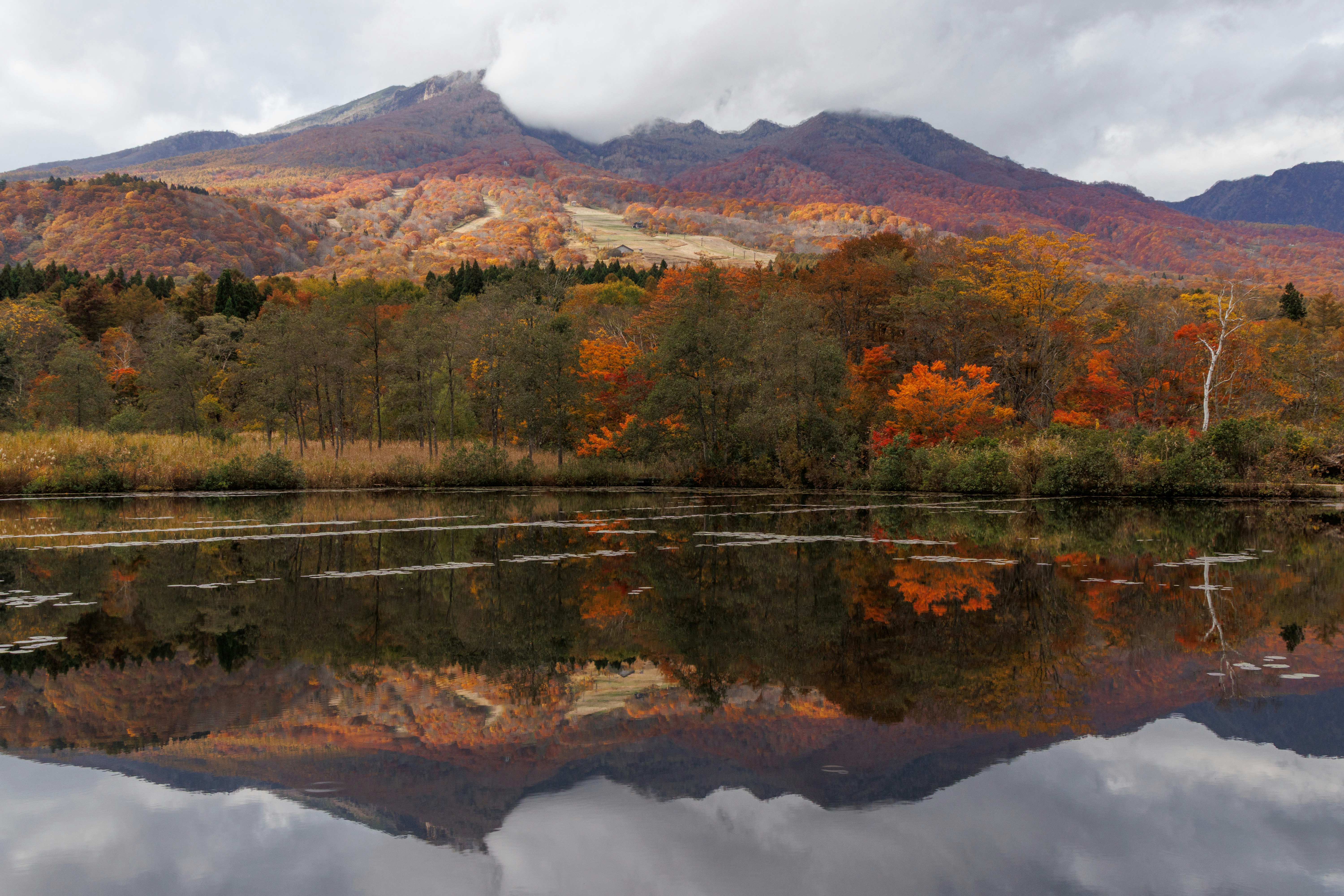Danau Imori di Myoko Kogen memantulkan dedaunan musim gugur dan pegunungan