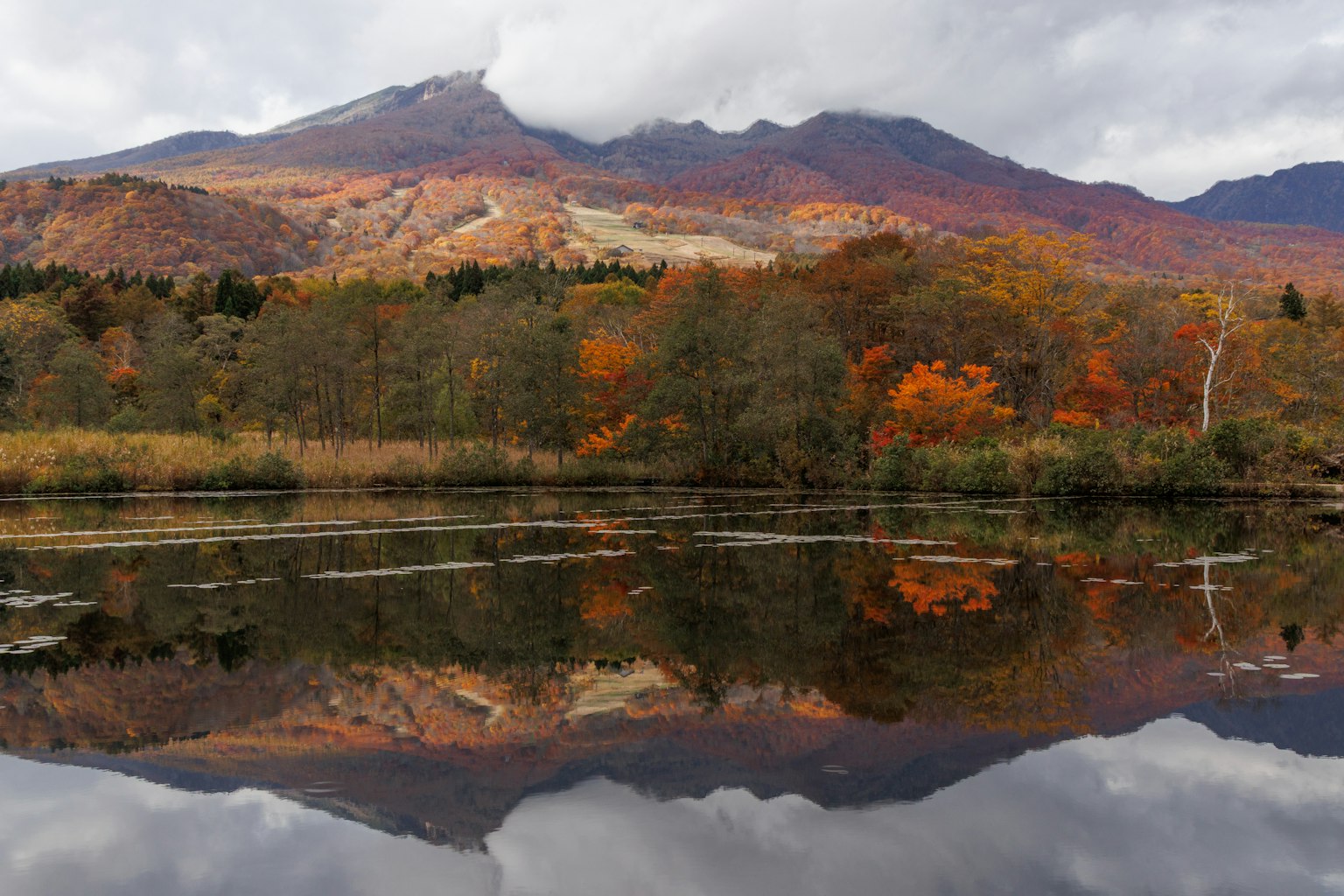美しい秋の風景が広がる湖と山の反映