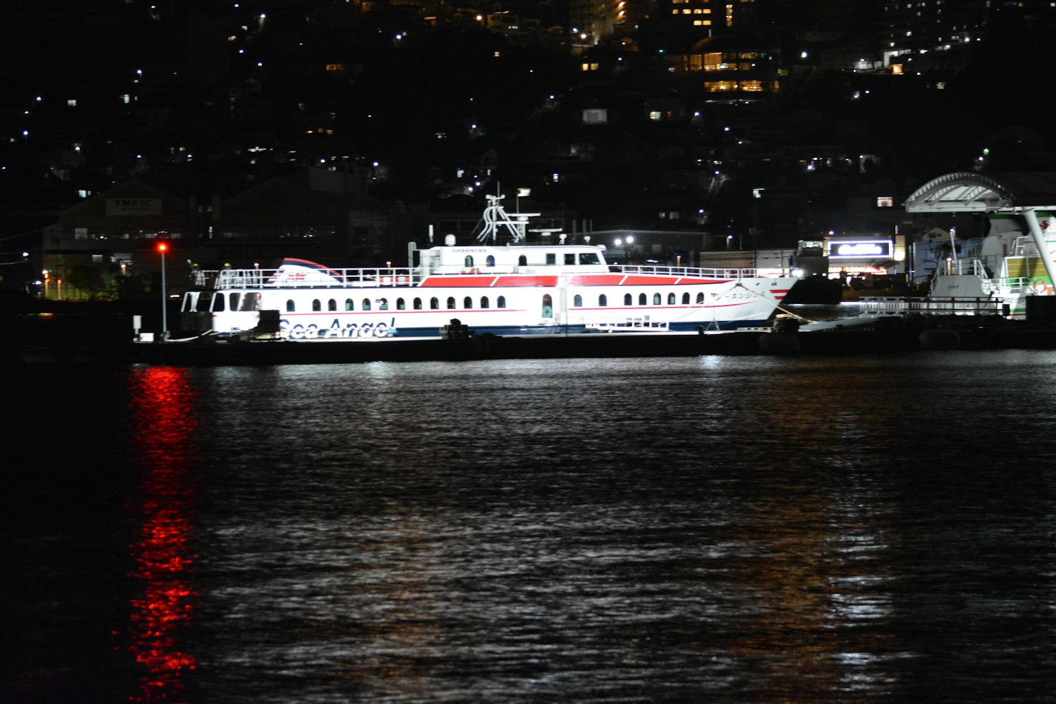 Ferry iluminado en el agua por la noche con fondo urbano
