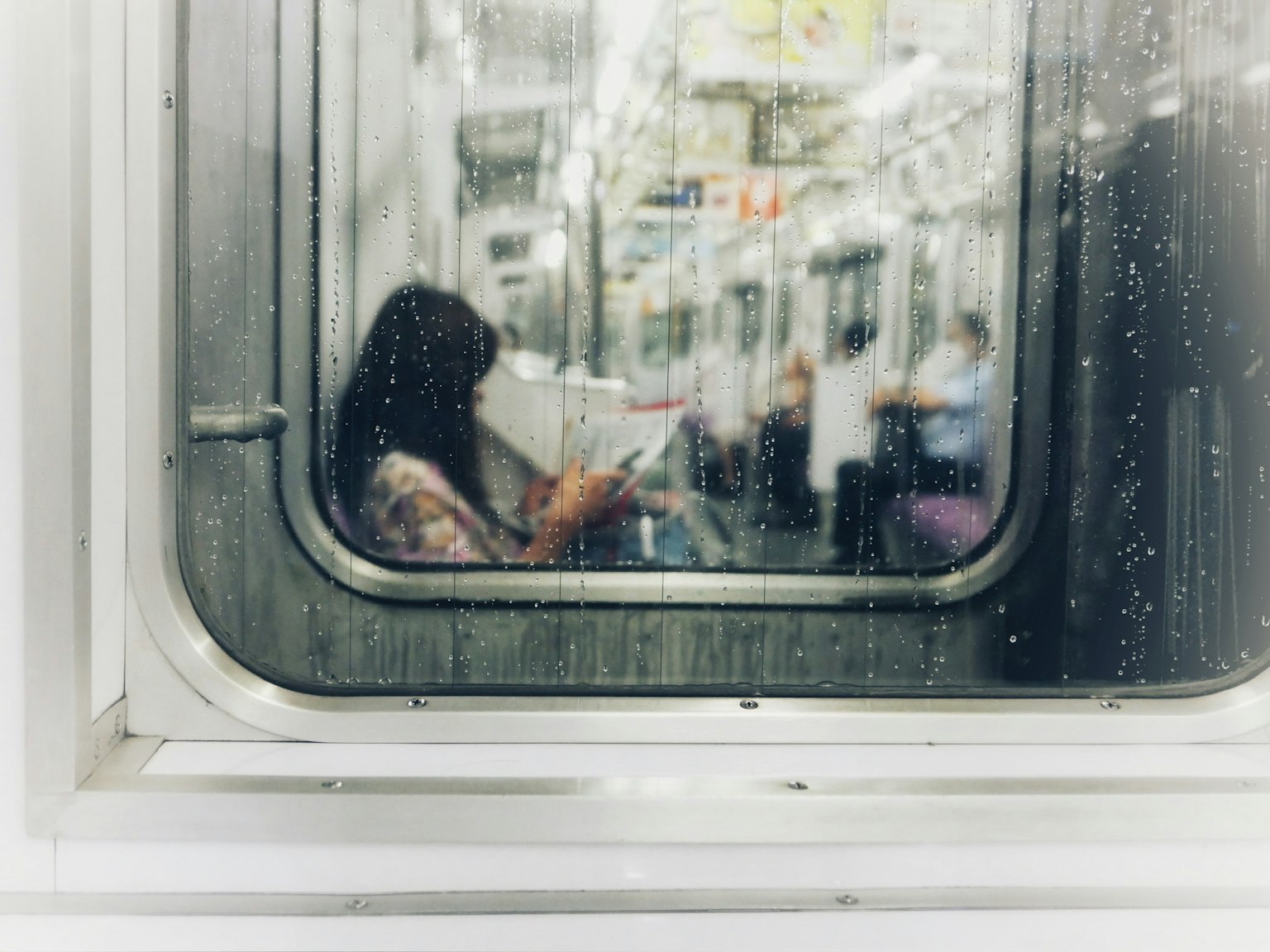 雨の中で電車の窓から見える女性が本を読んでいる