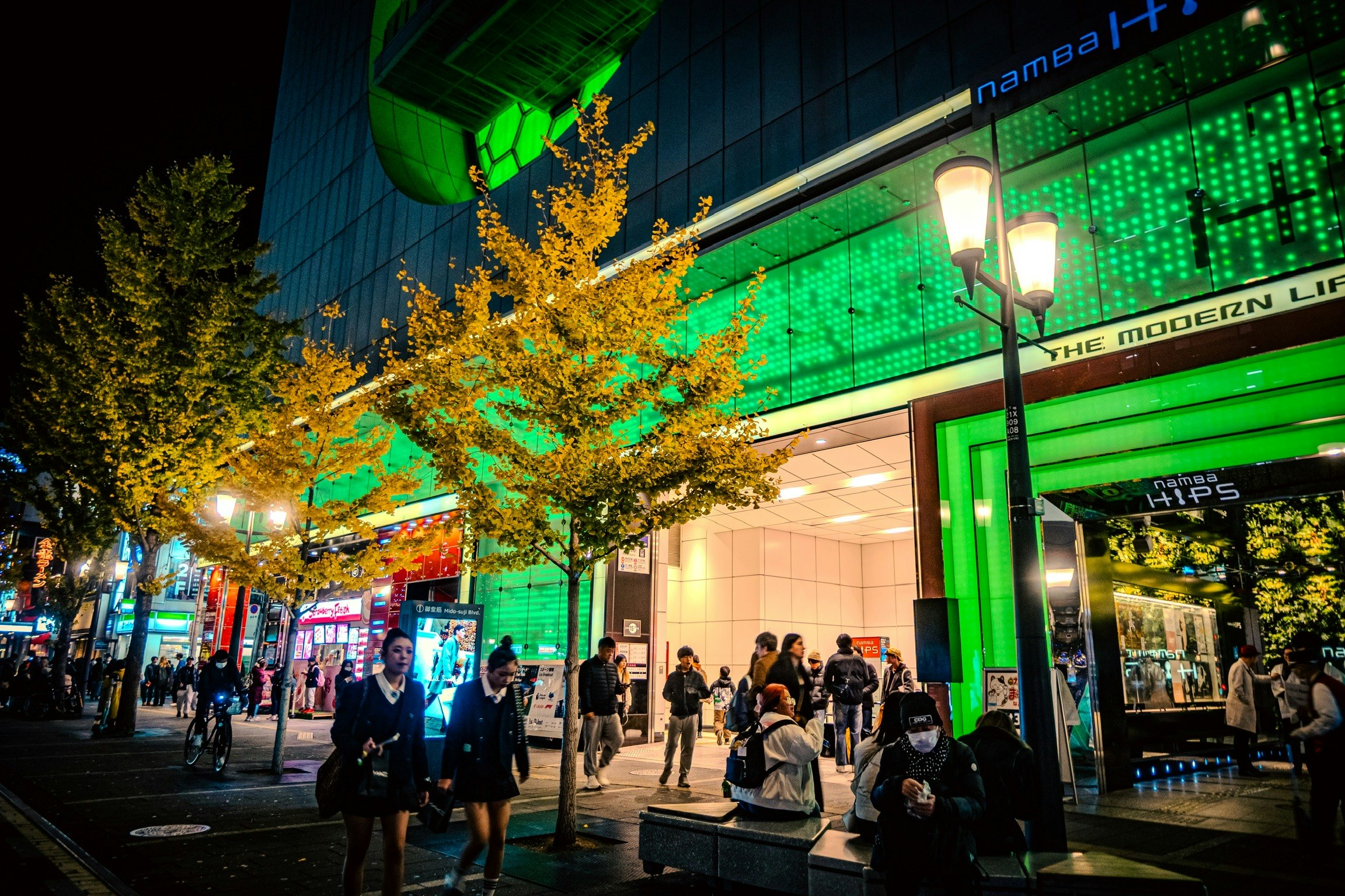 難波の夜に並ぶネオンの商店街の街路景観