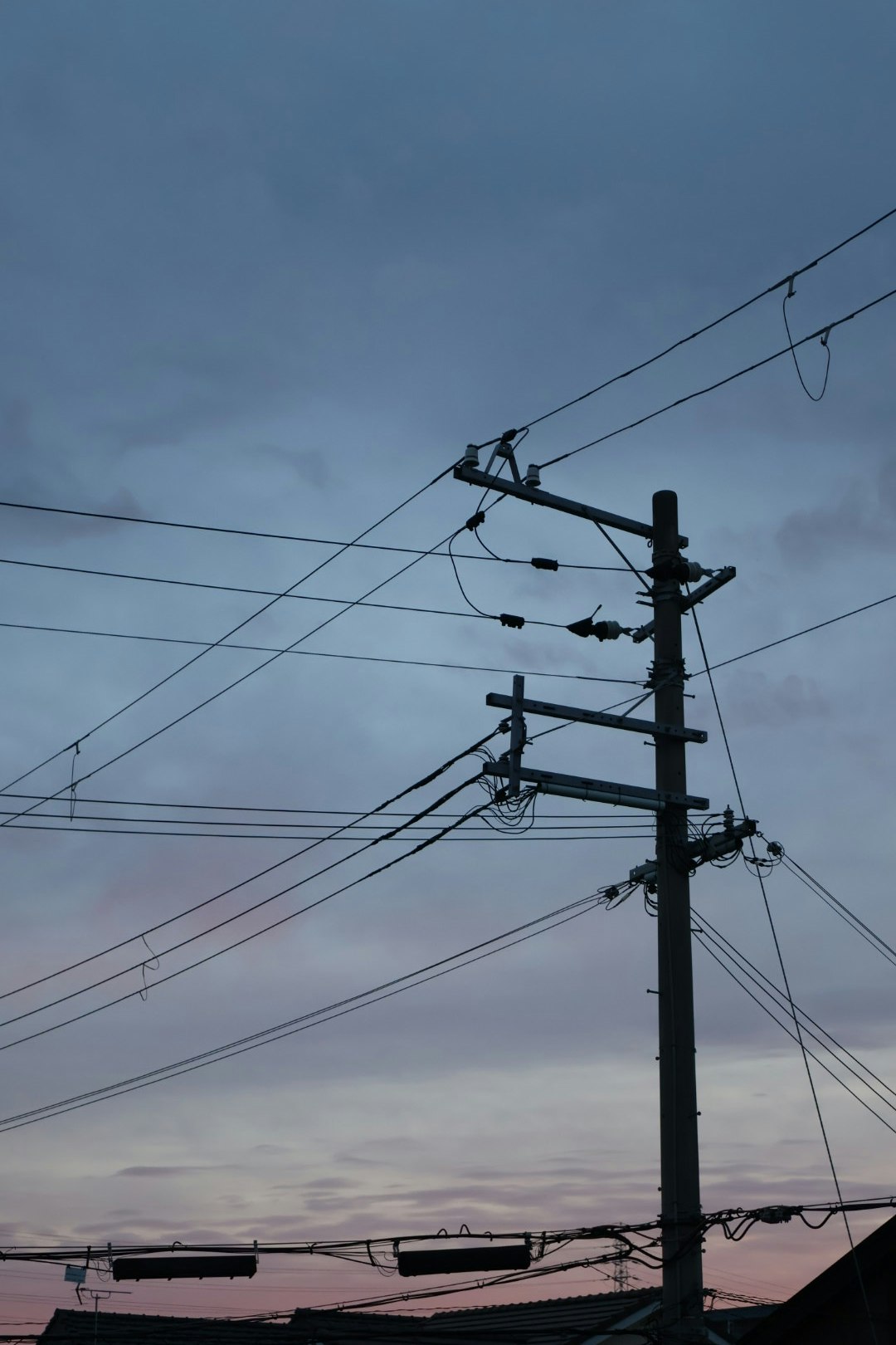 power lines and utility poles against a dusk sky