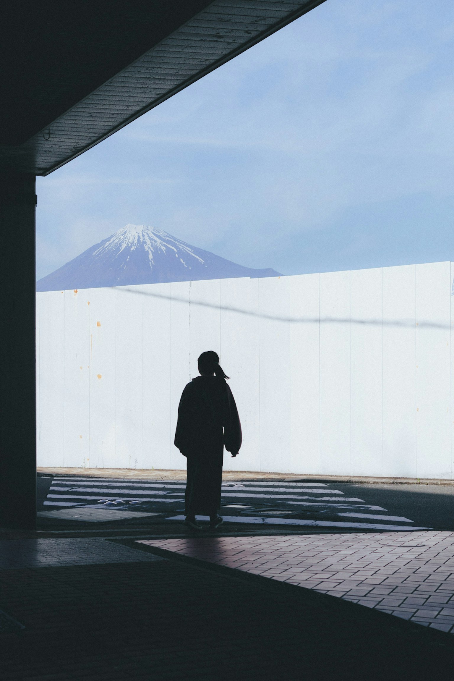 Silhouette einer Person in traditioneller Kleidung mit dem Fuji im Hintergrund