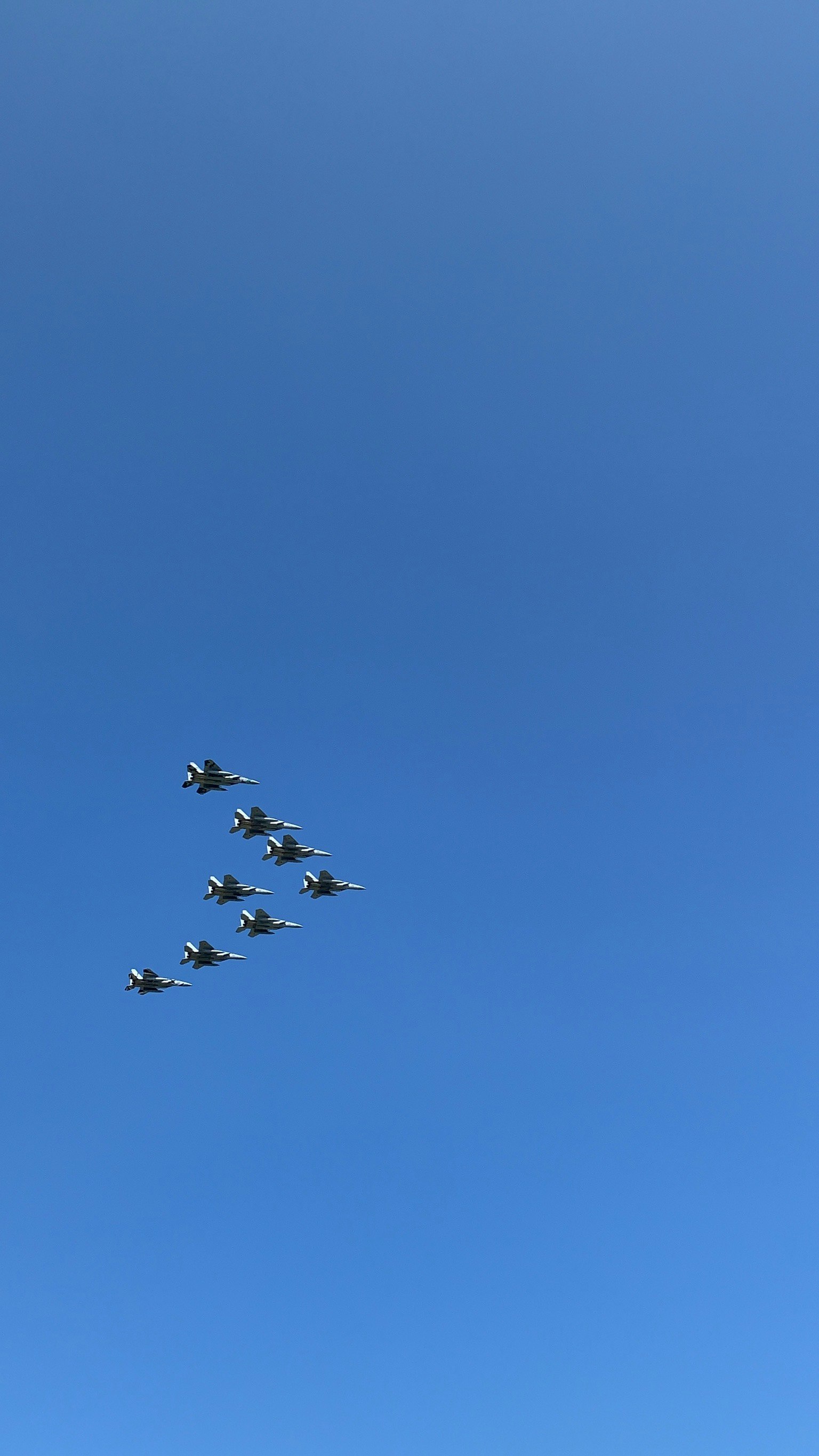 Formation of airplanes flying in a clear blue sky