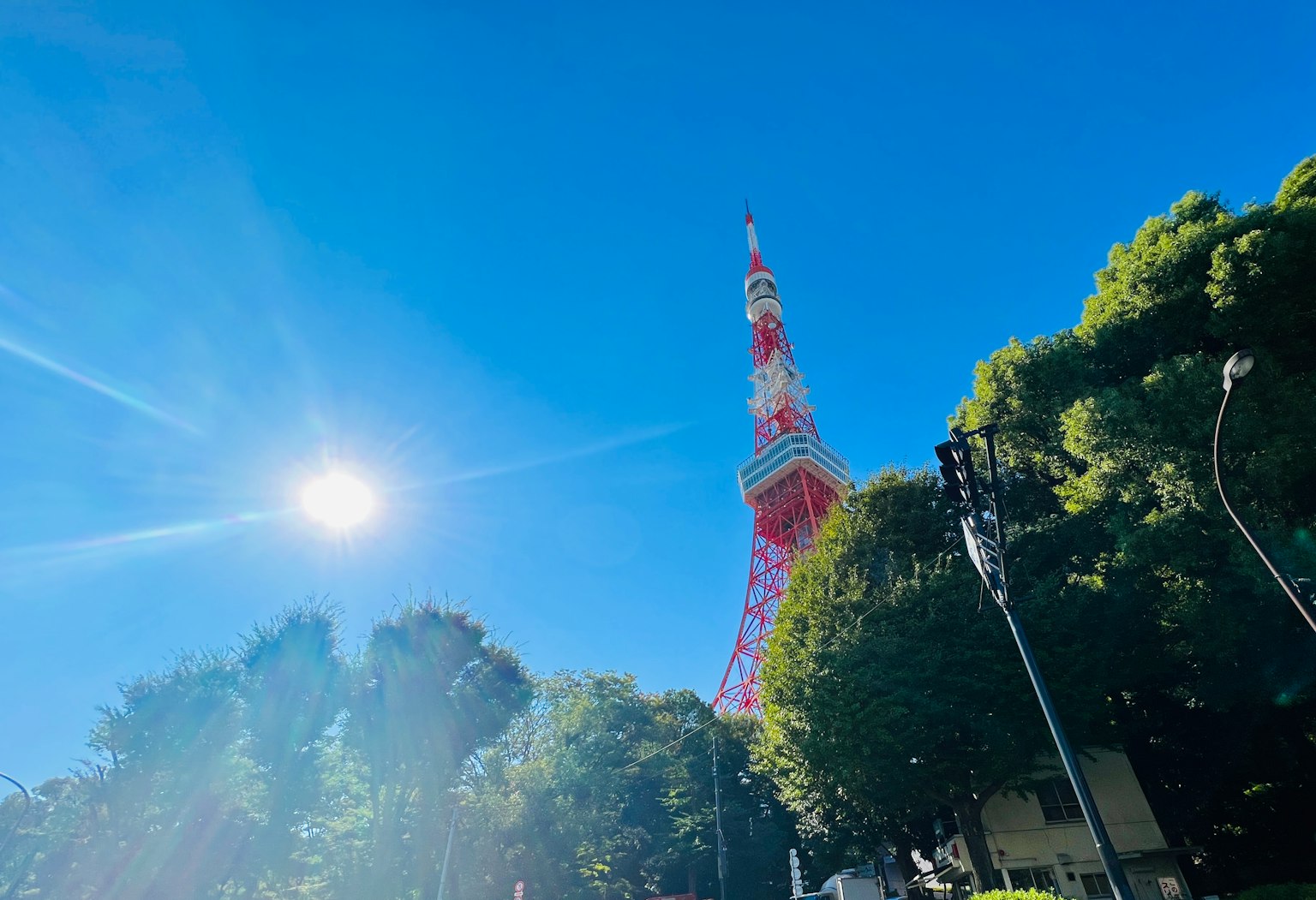 Tokyoturm steht unter einem blauen Himmel mit grünen Bäumen und Sonnenlicht