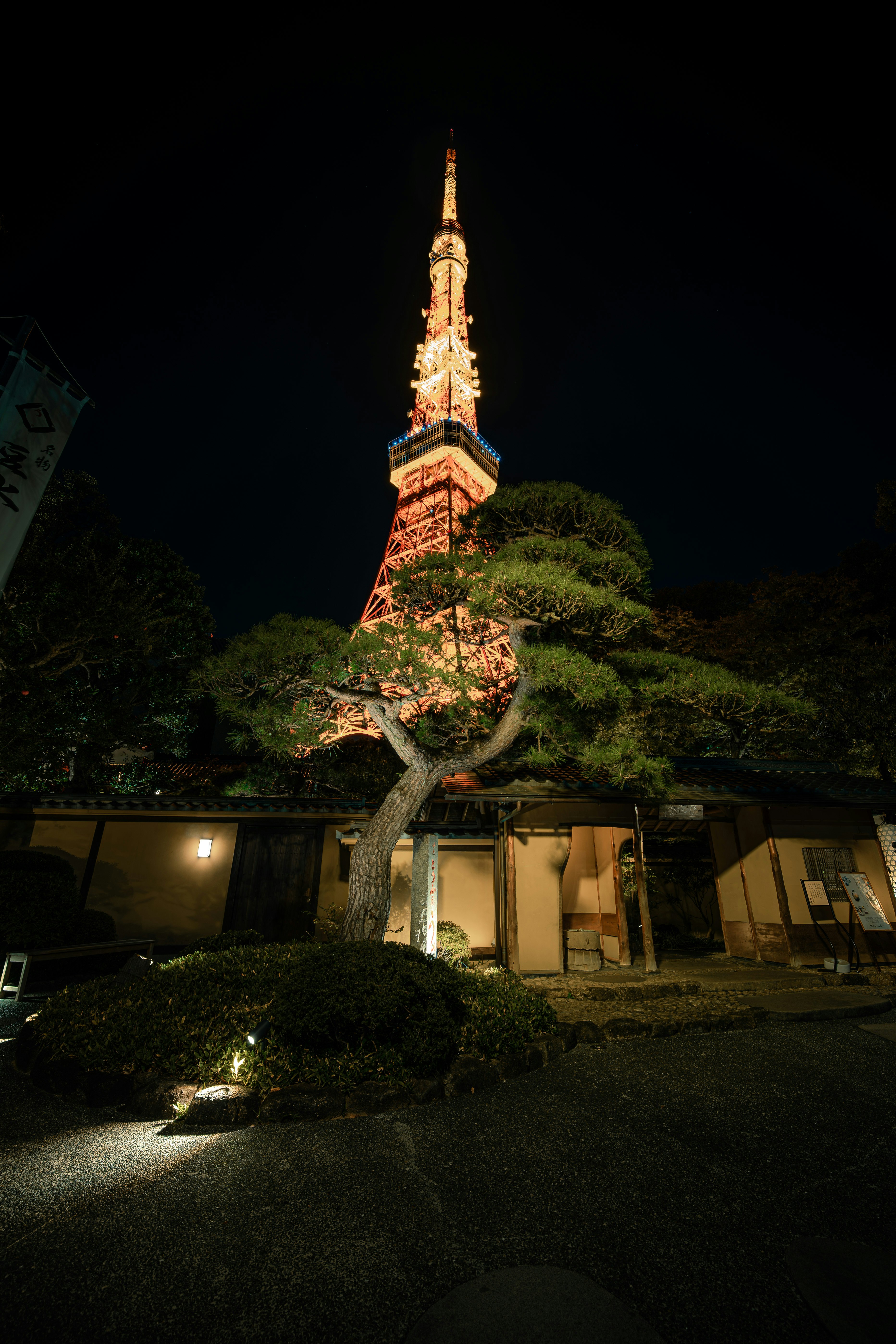jardín nocturno y torre iluminada en el exterior de un templo