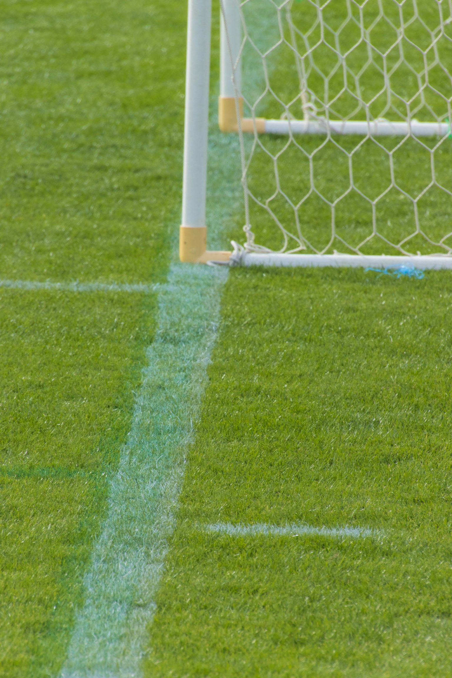 Close-up gawang sepak bola dengan rumput hijau dan jaring putih