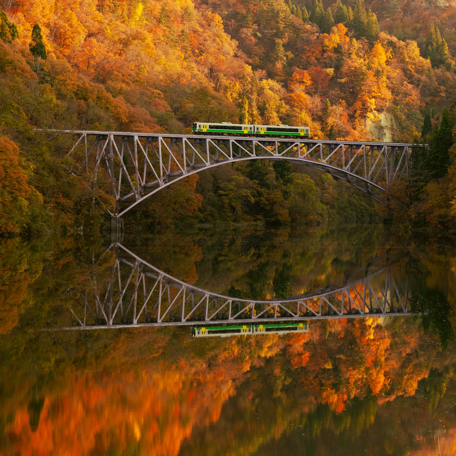 美しい秋の風景の中にある鉄道橋とその反射