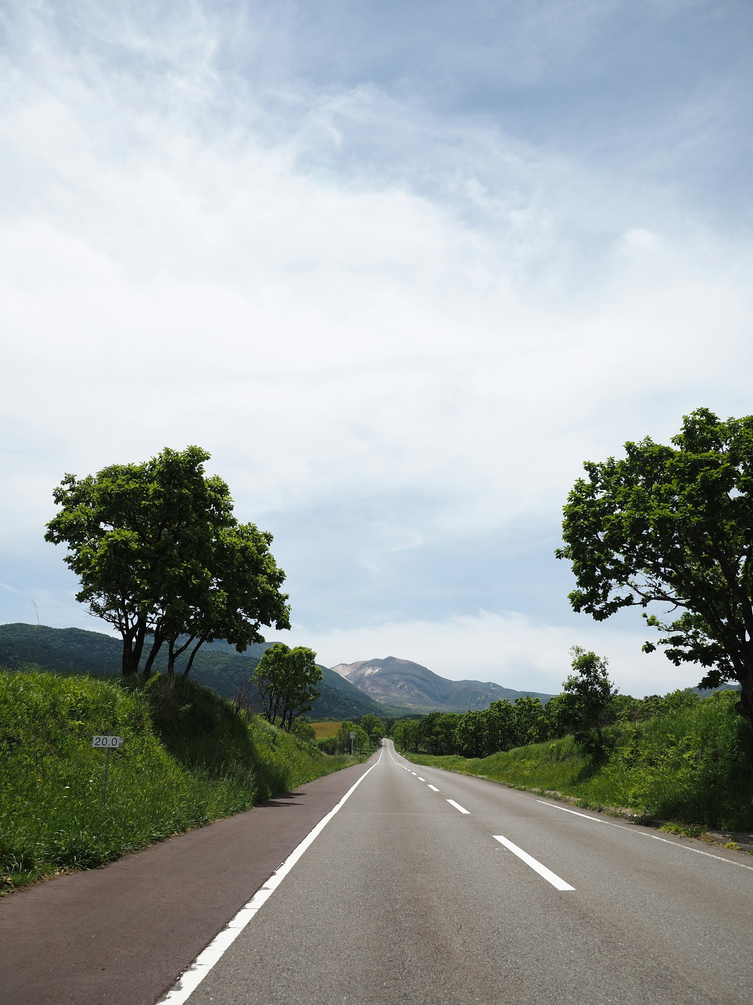 Route droite sous un ciel bleu avec des arbres verts