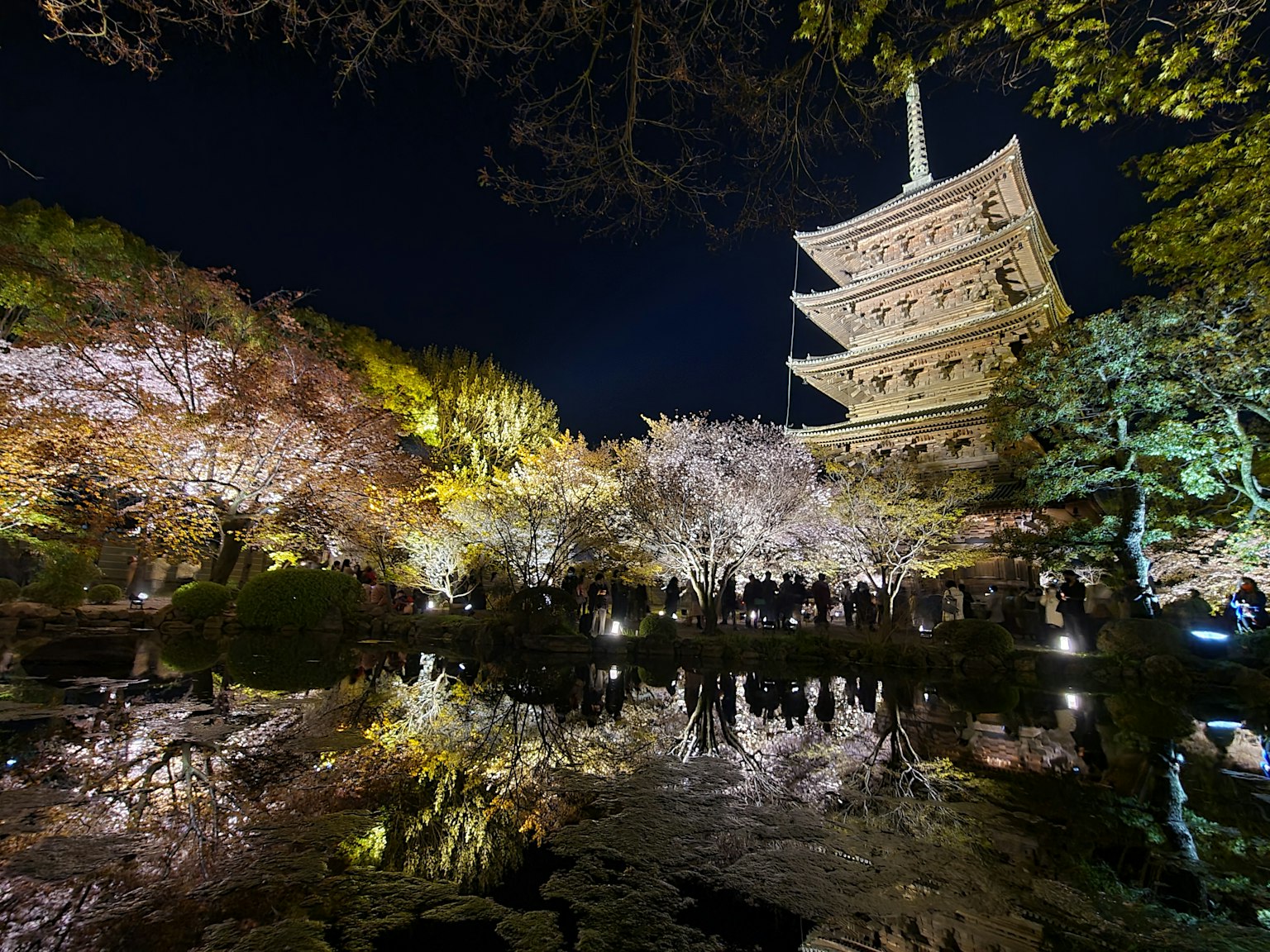 Una bella pagoda giapponese di notte circondata da alberi di ciliegio che si riflettono in uno stagno sereno