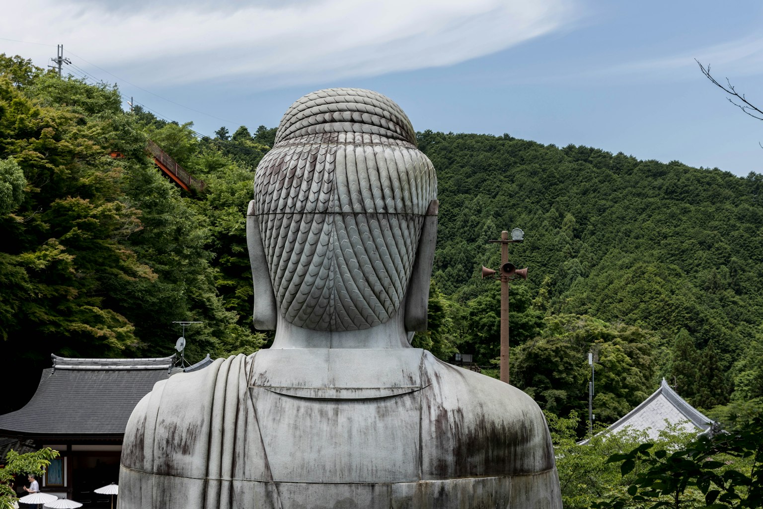 大型佛像背面与绿色山脉为背景