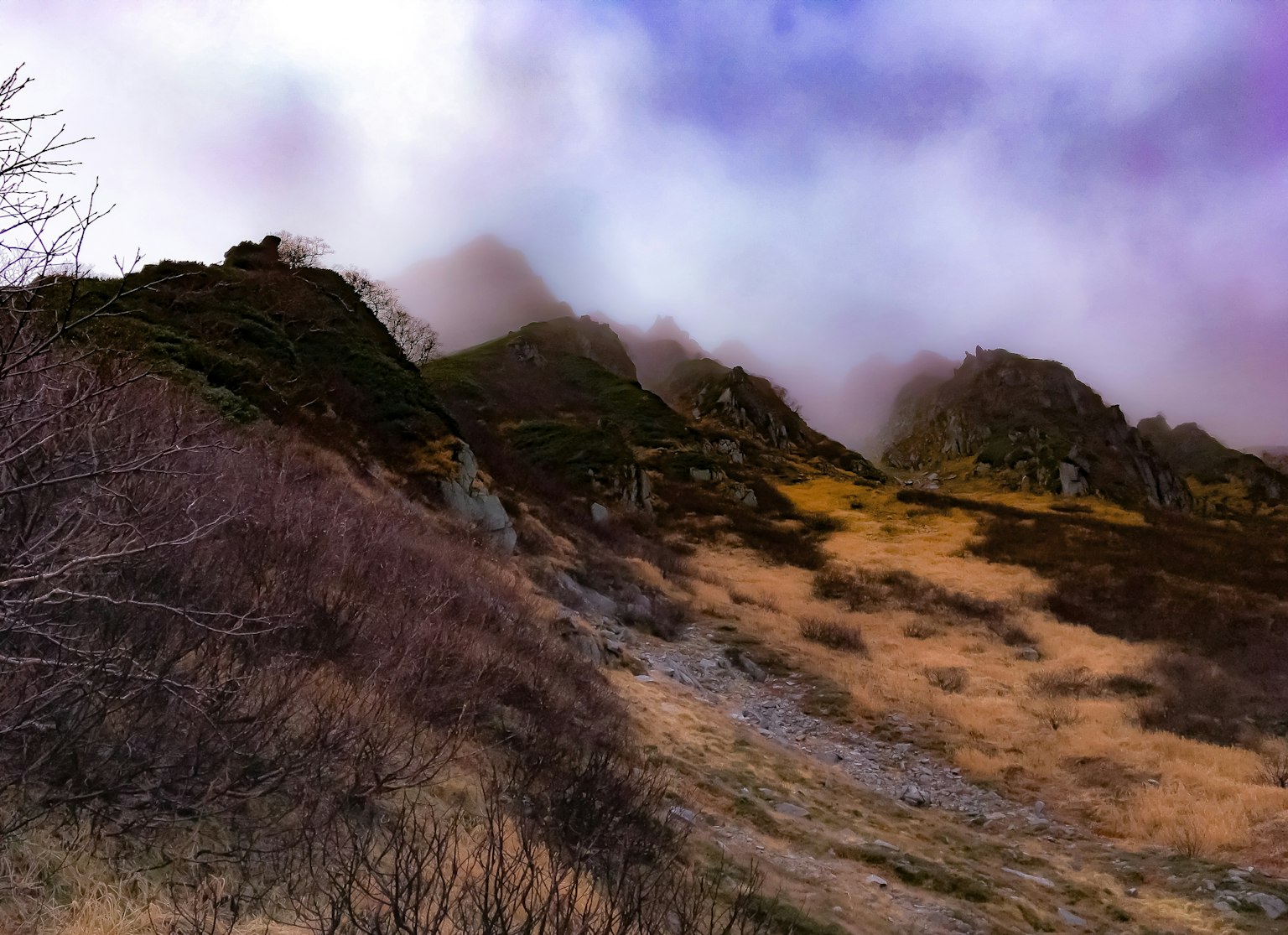 Paisaje montañoso cubierto de niebla con hierba seca