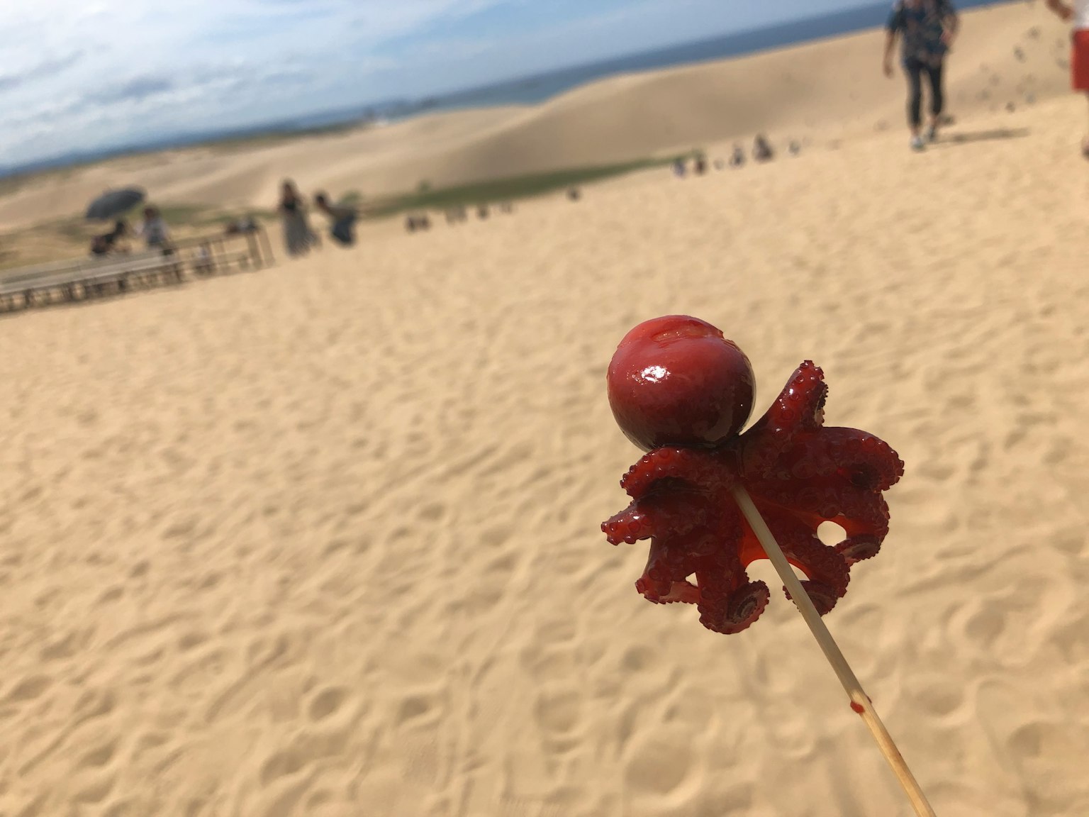 Red octopus skewer in a sandy dune landscape with people in the background