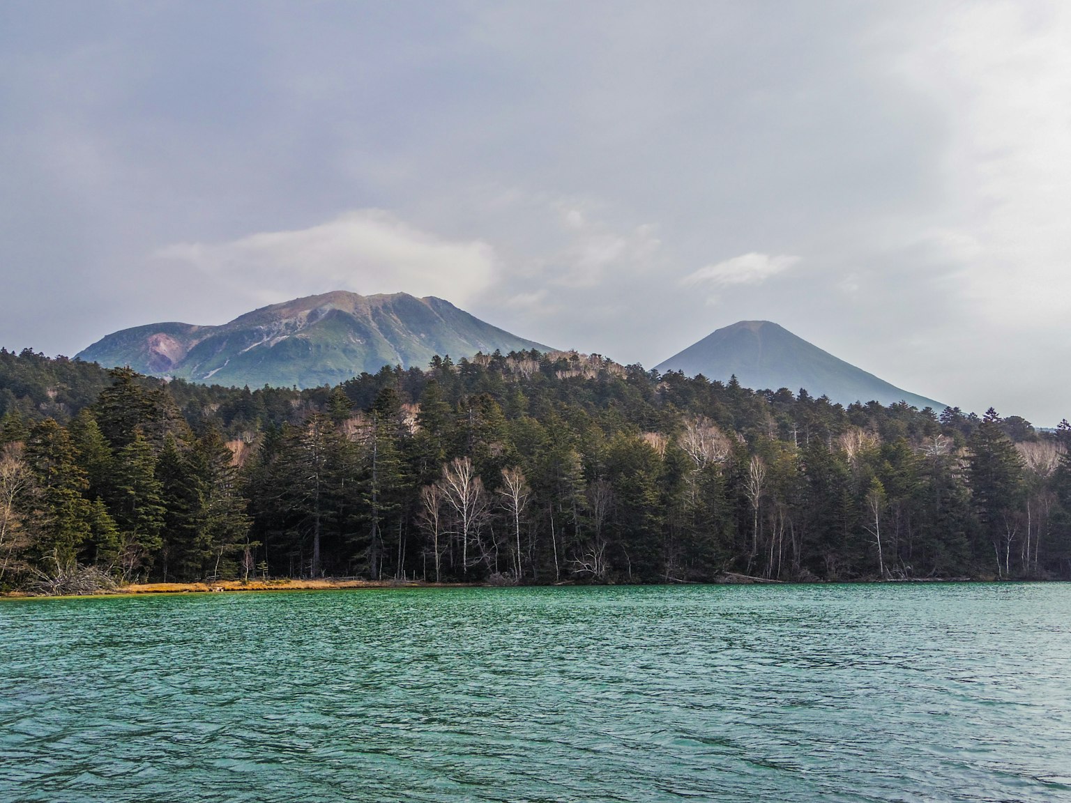 Vue panoramique de montagnes derrière un lac calme entouré de forêts luxuriantes
