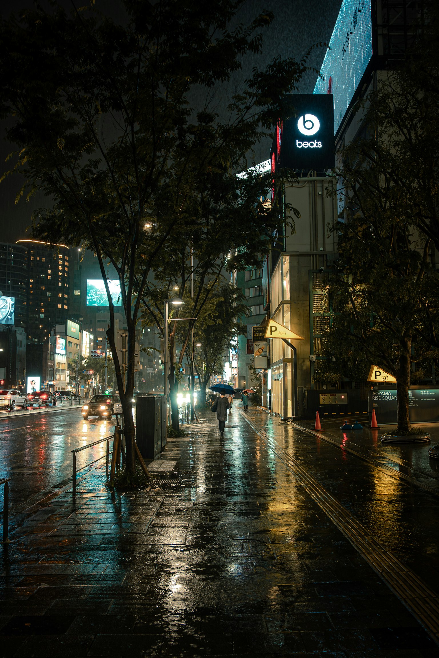 雨夜城市风景发光的人行道和街灯
