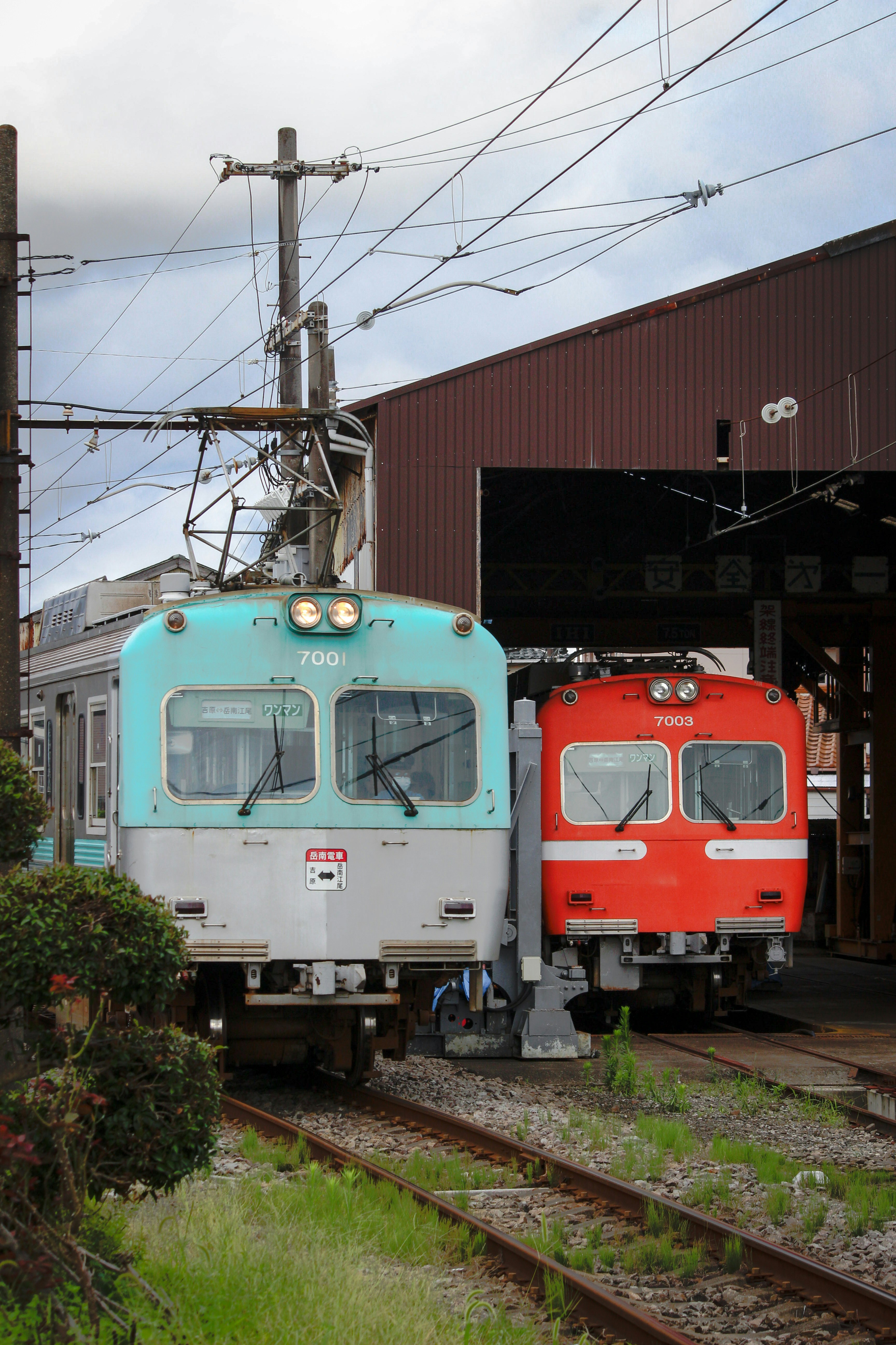 車庫に並ぶ電車と入線中の車両
