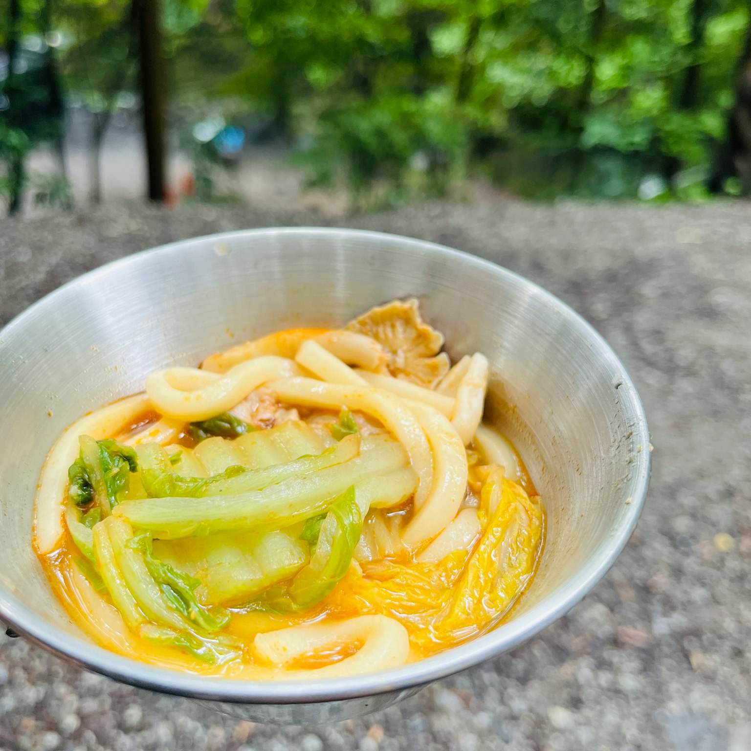 金属碗中的乌冬面和蔬菜