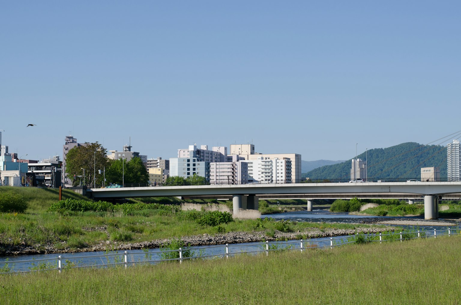 A river with green grass and buildings under a blue sky