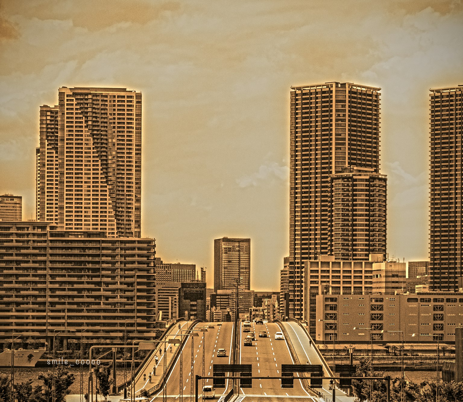 城市天际线，包含高楼和高速公路
