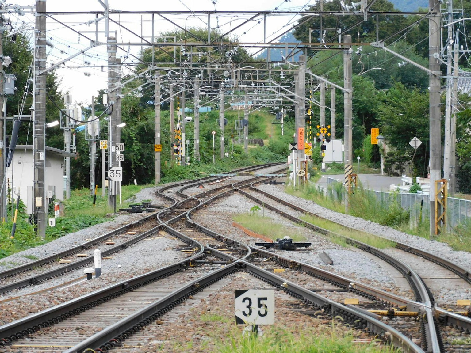 จุดแยกทางรถไฟพร้อมสัญญาณและรางที่มองเห็นได้
