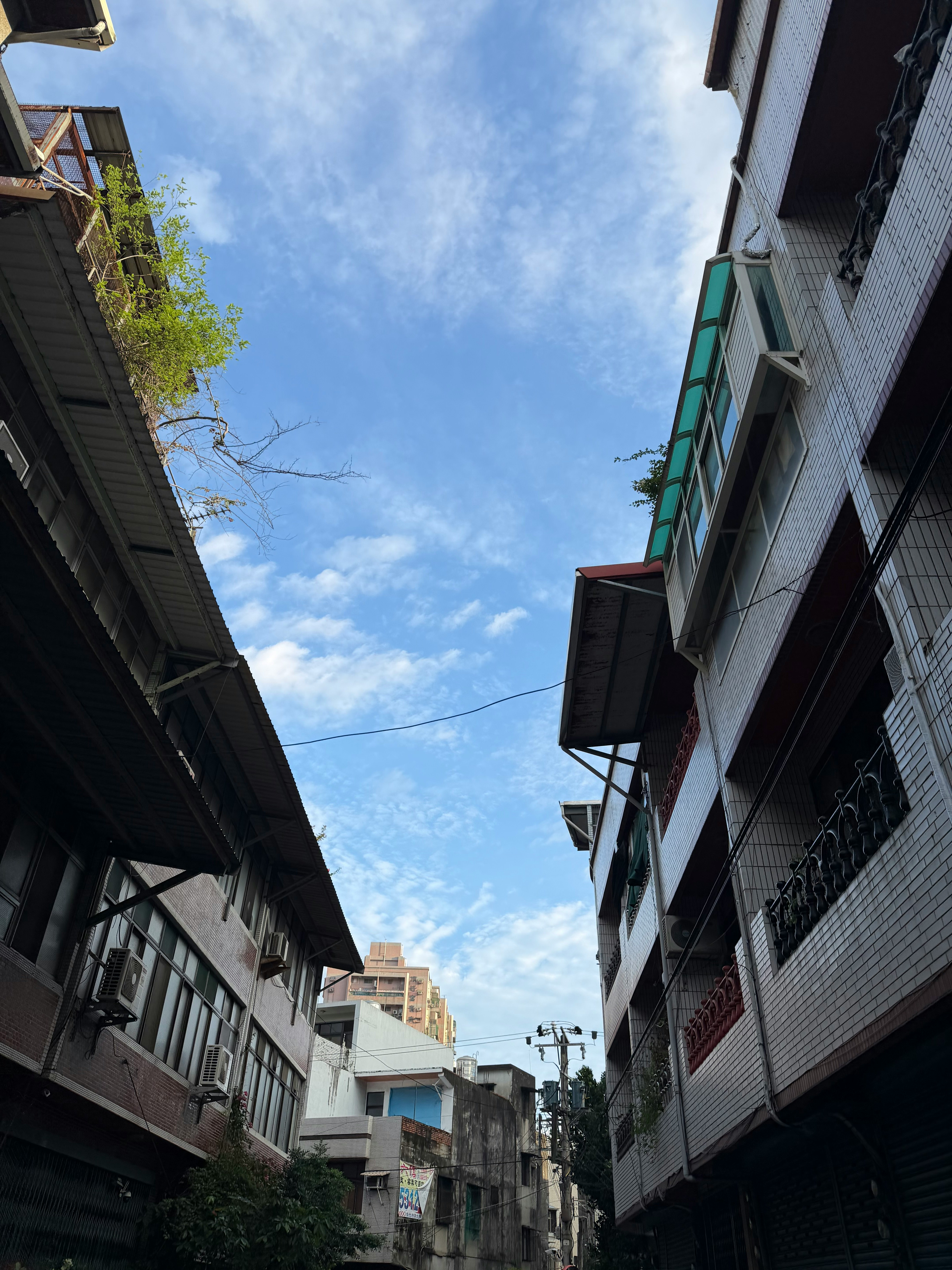 路地に面した建物と青空の見上げ景色