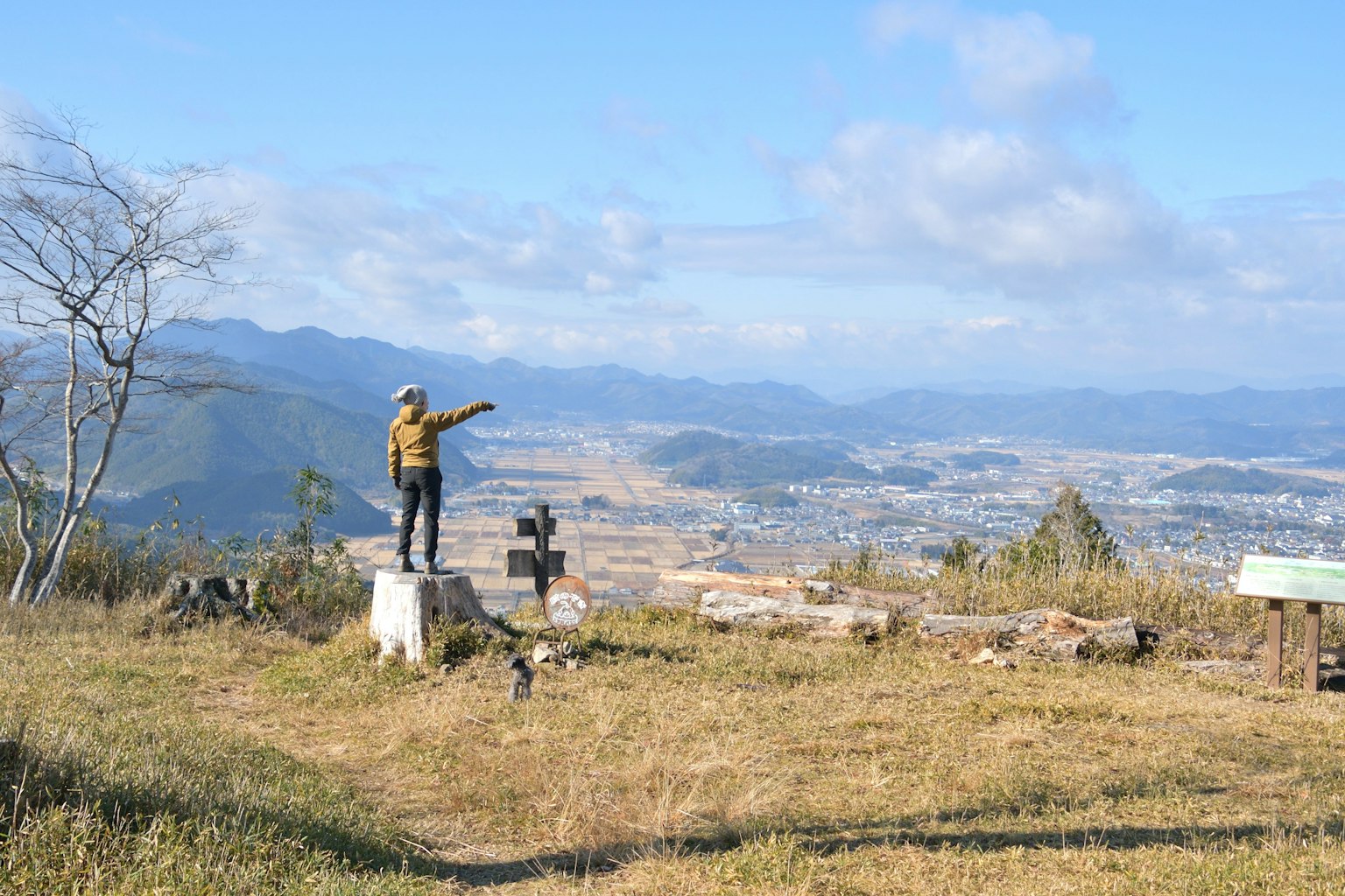Person standing on a mountain peak pointing into the distance