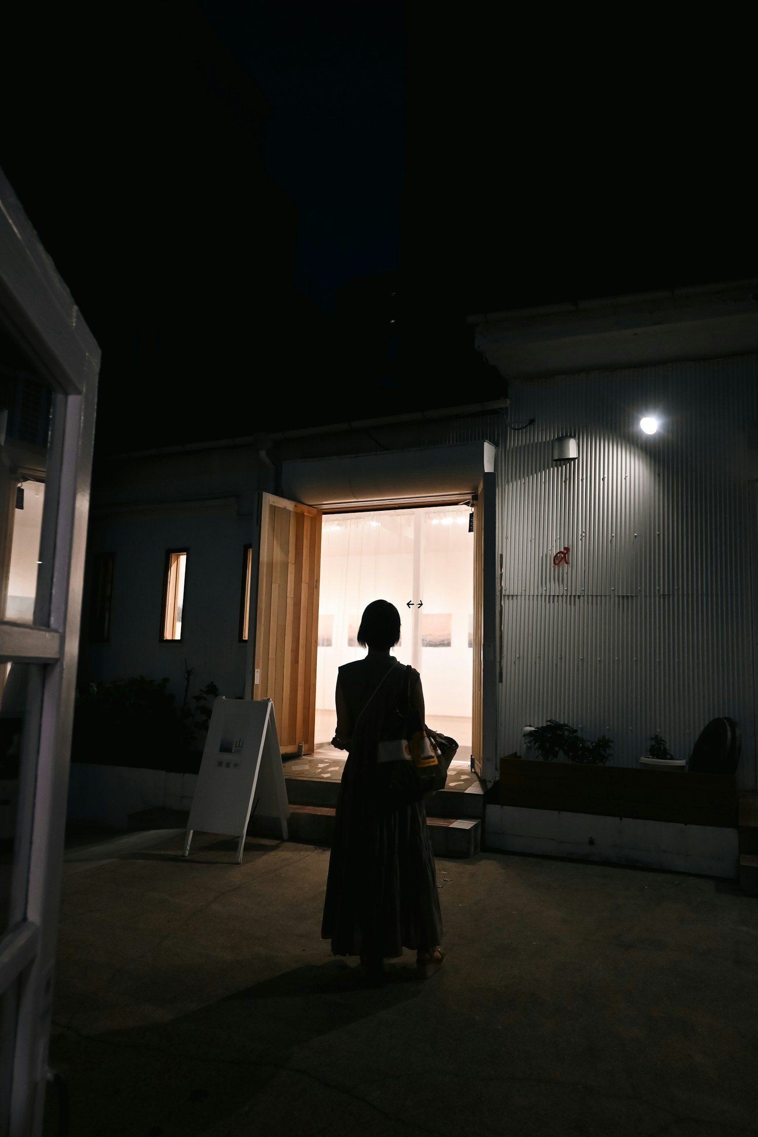Silhouette of a woman standing in front of a door at night