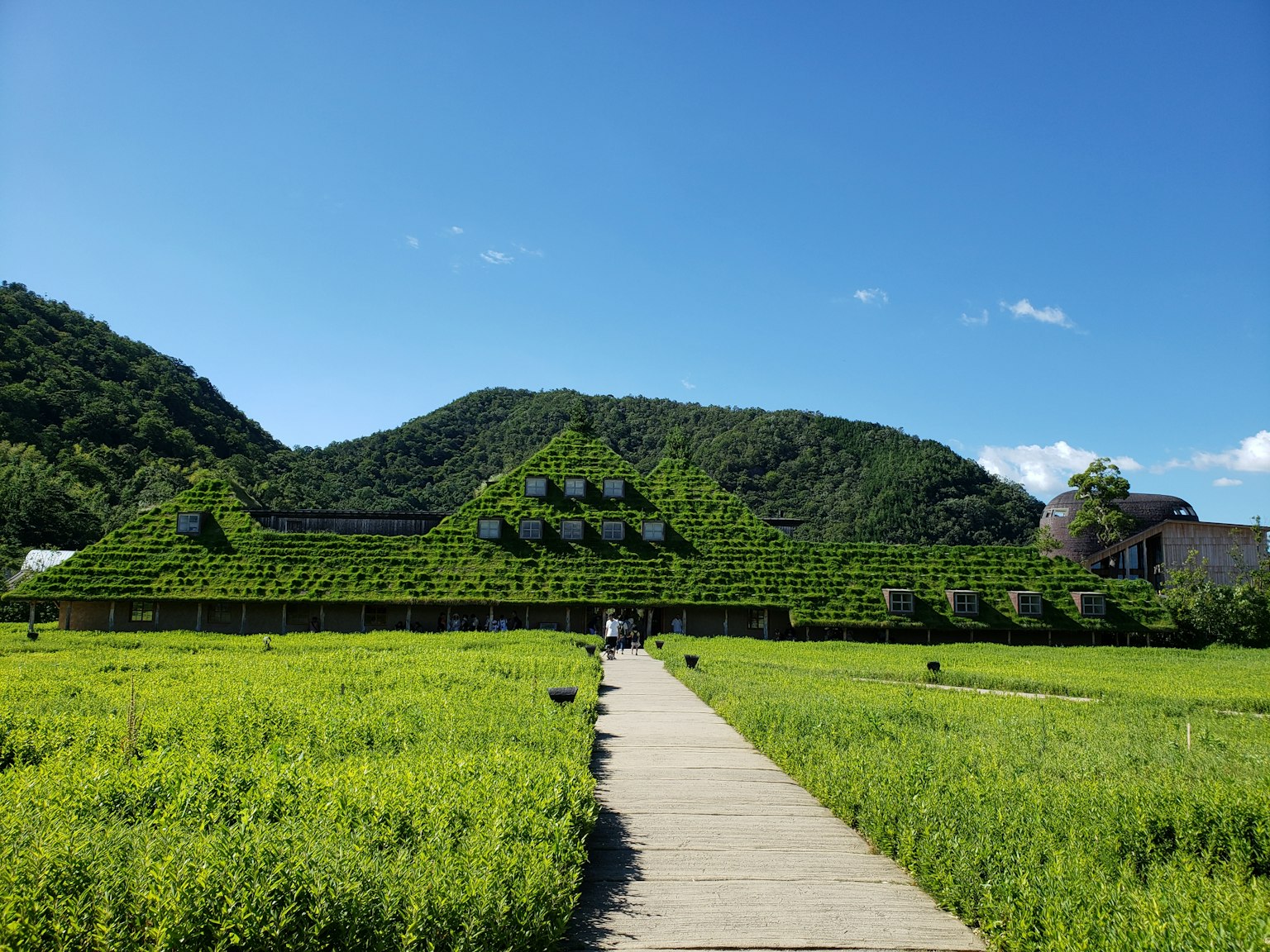 Bâtiment avec toit vert et paysage sous un ciel bleu