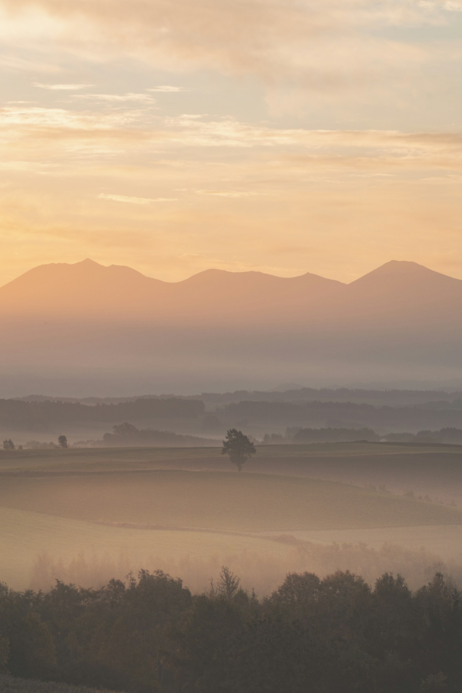 Paisaje brumoso con un cielo al amanecer y montañas al fondo