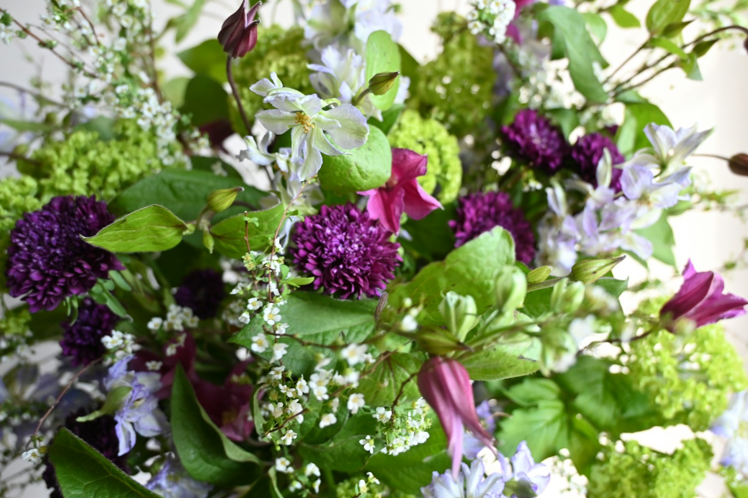 Un hermoso ramo con una mezcla de flores coloridas y hojas verdes vibrantes