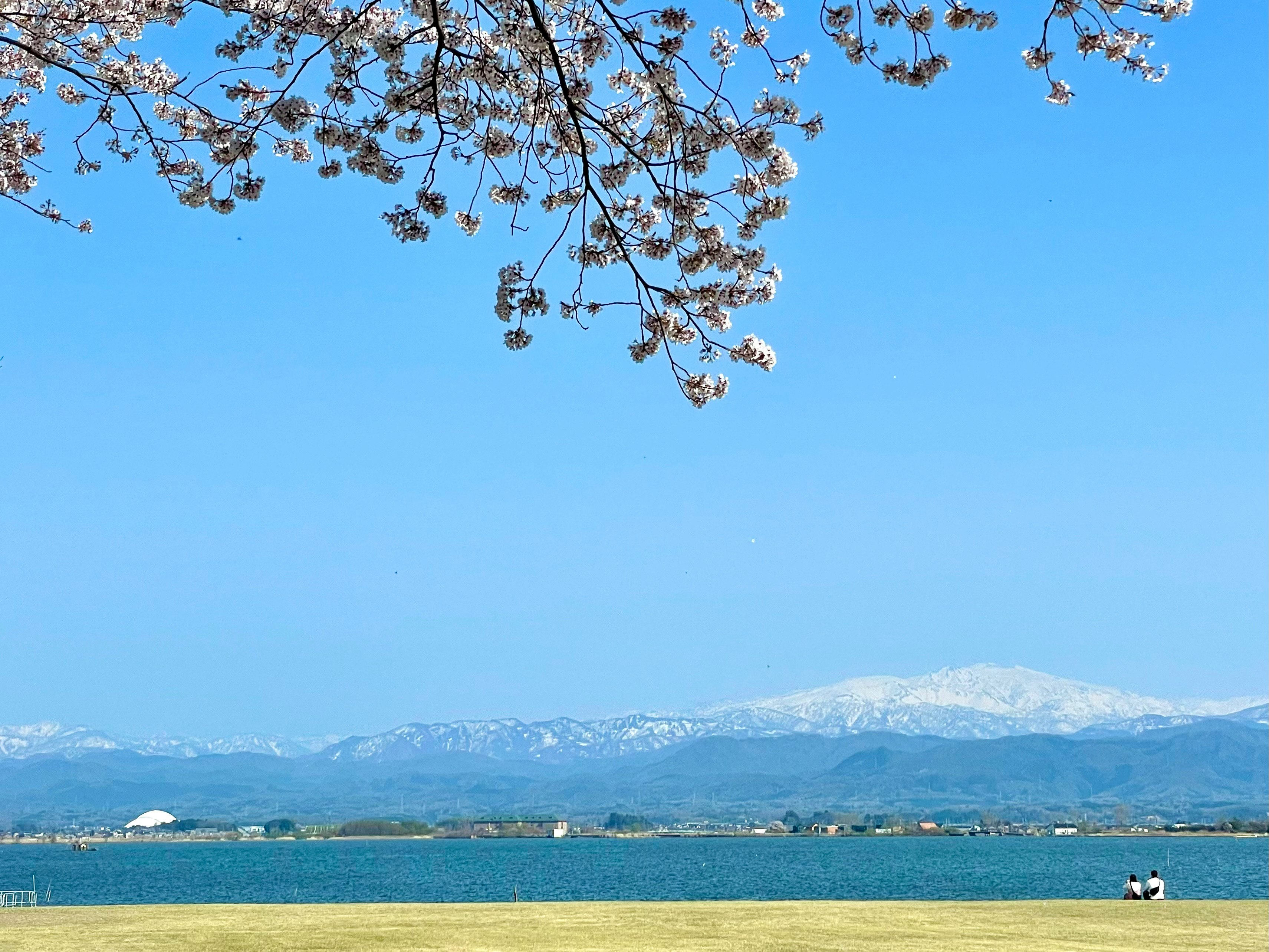 柴山潟と白山を望む湖畔公園の青空