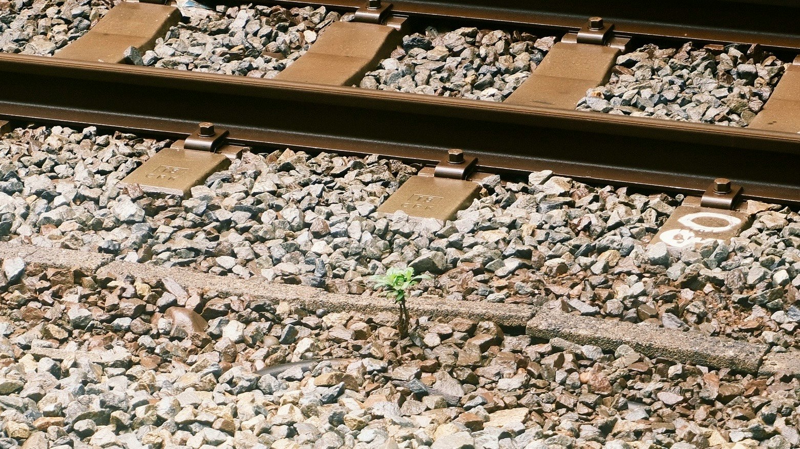 線路のバラスト（砕石）とレールのある鉄道風景
