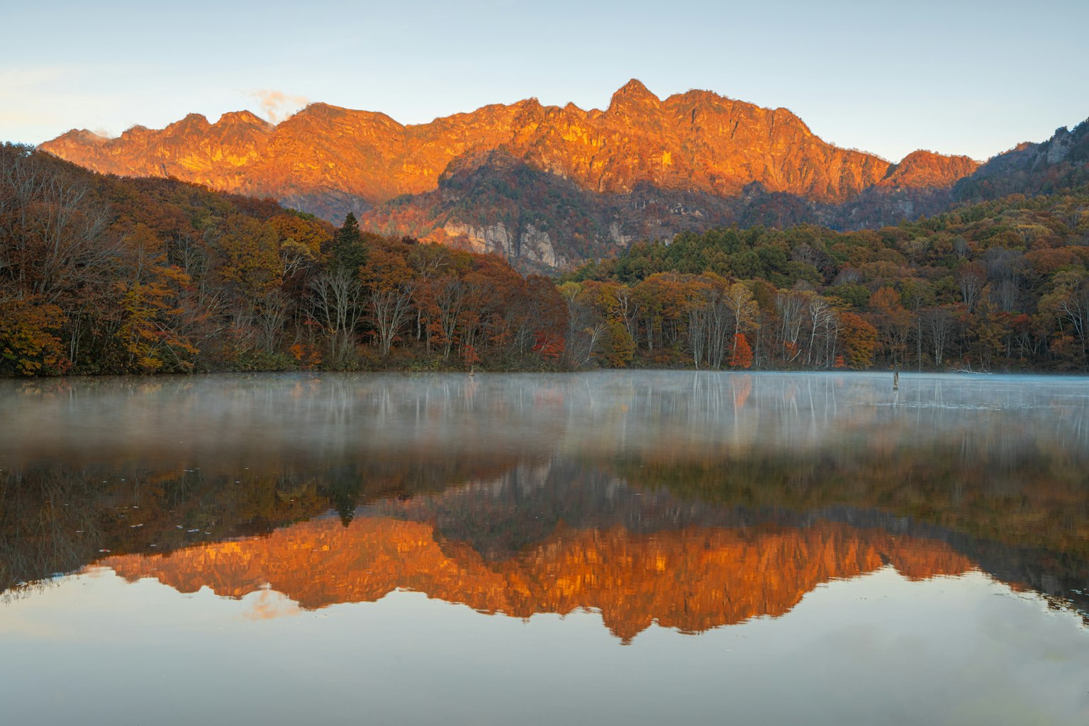 Serene lake landscape with autumn mountains reflecting in the water