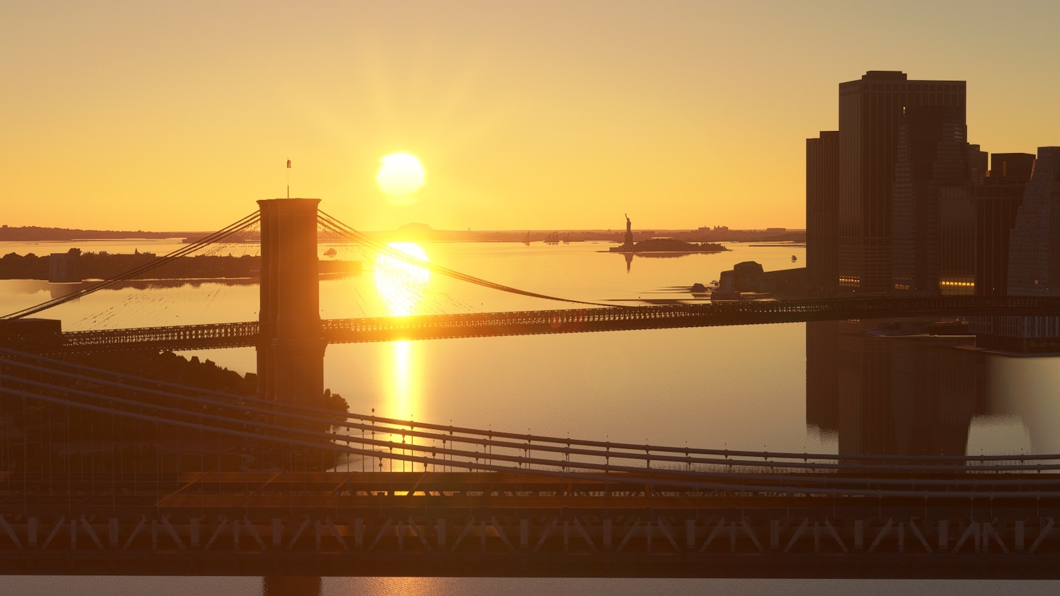 Wunderschöner Sonnenuntergang beleuchtet die Flussstadtansicht