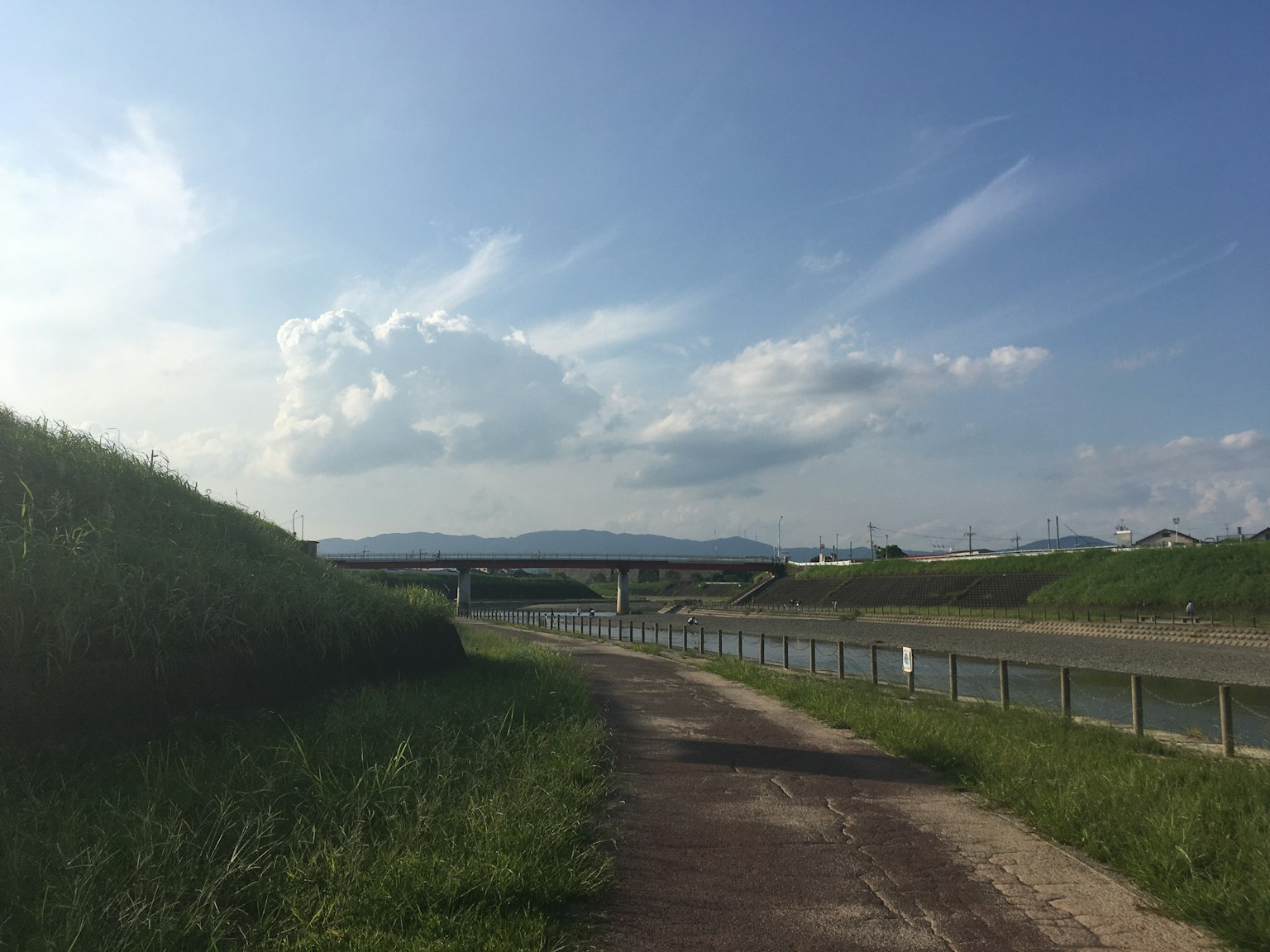 Sentiero lungo il fiume con cielo blu e nuvole bianche erba verde lungo la riva