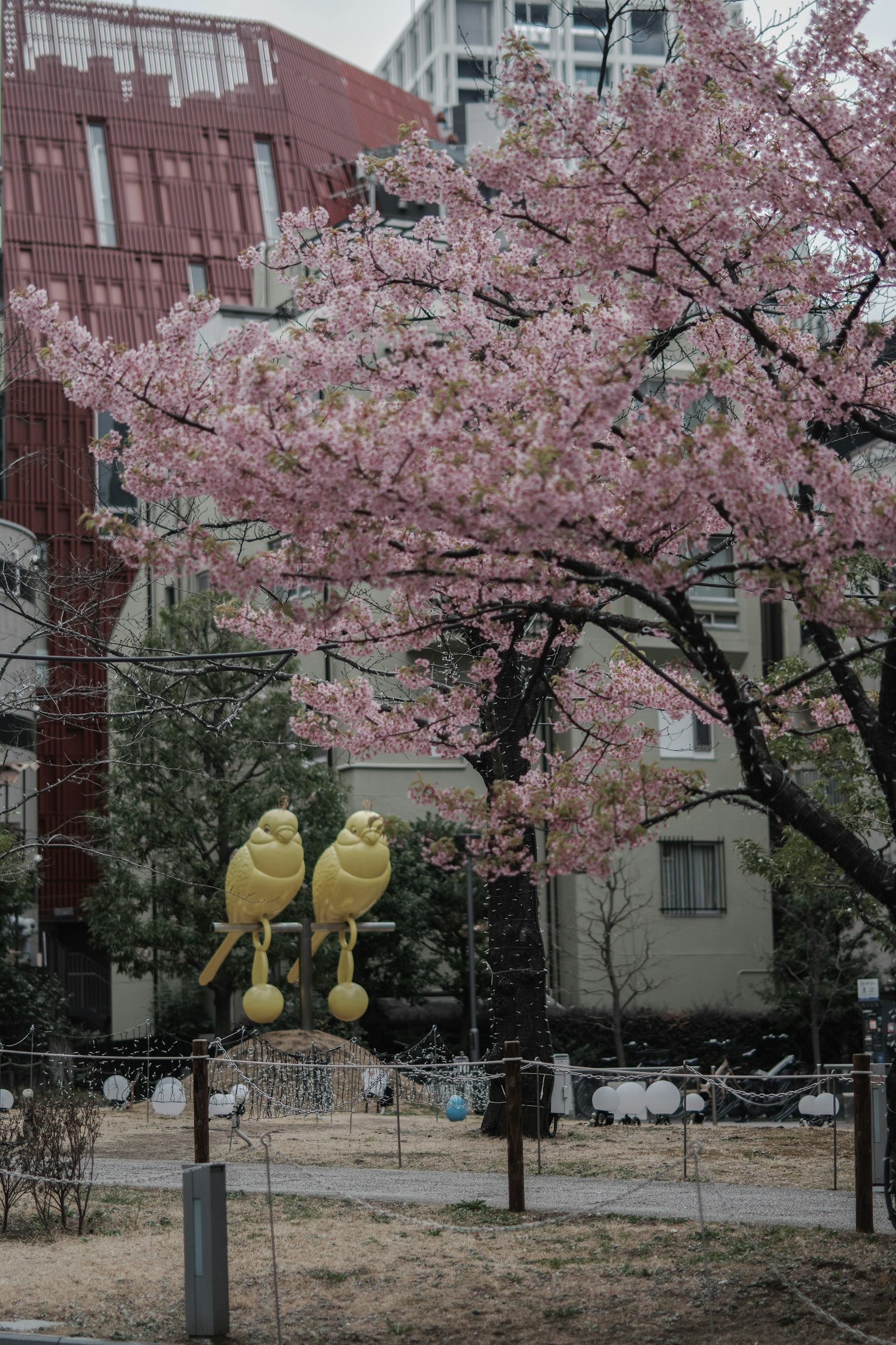 Scène de parc avec un cerisier et des sculptures d'oiseaux jaunes