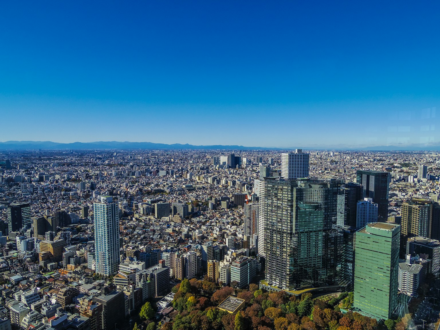 Aerial view of Tokyo's skyscrapers with a clear blue sky and distant mountains