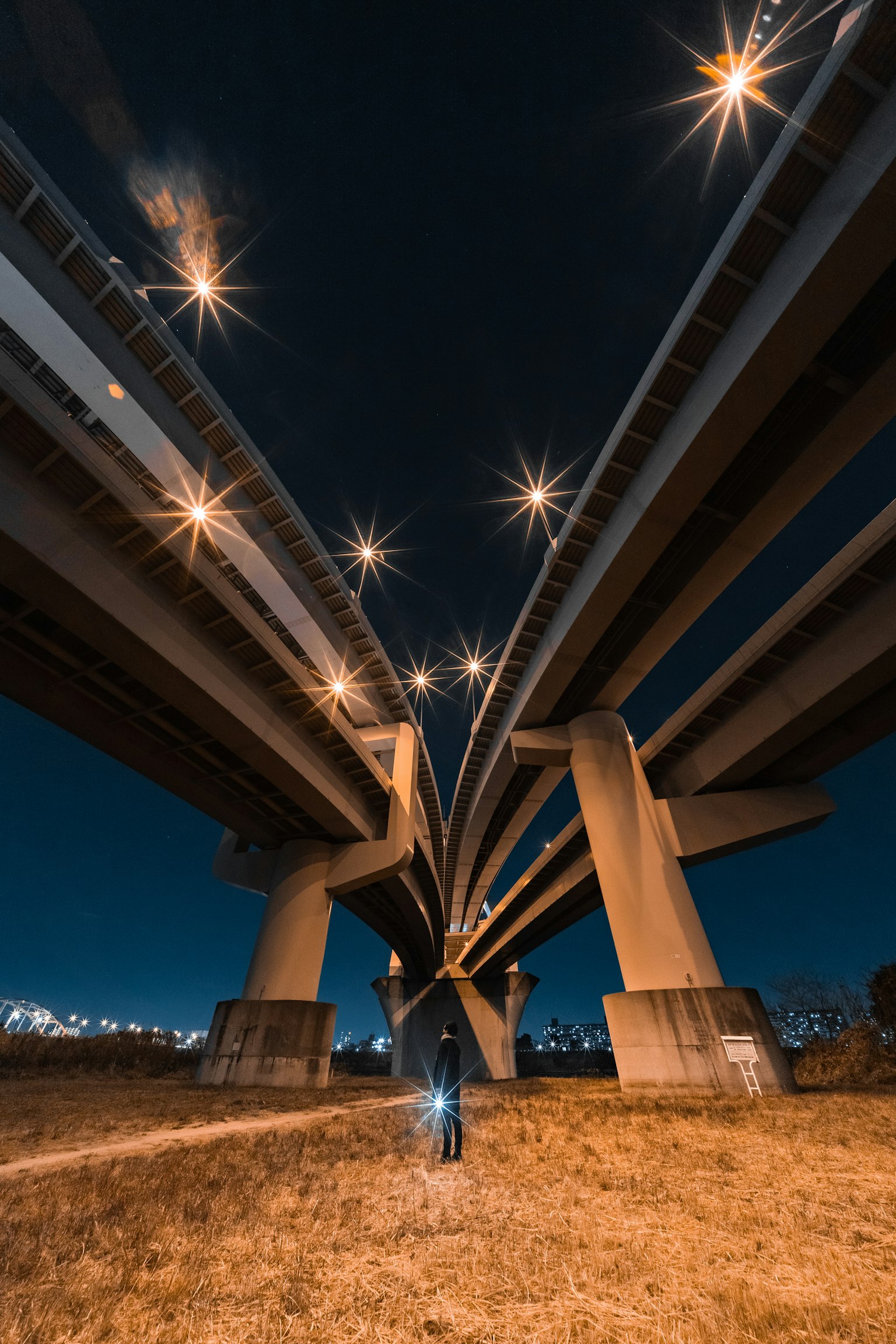 Personne se tenant sous un viaduc avec des lampadaires scintillants la nuit