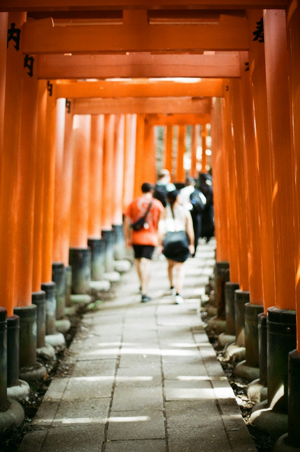 赤い鳥居が並ぶ道を歩く人々の風景