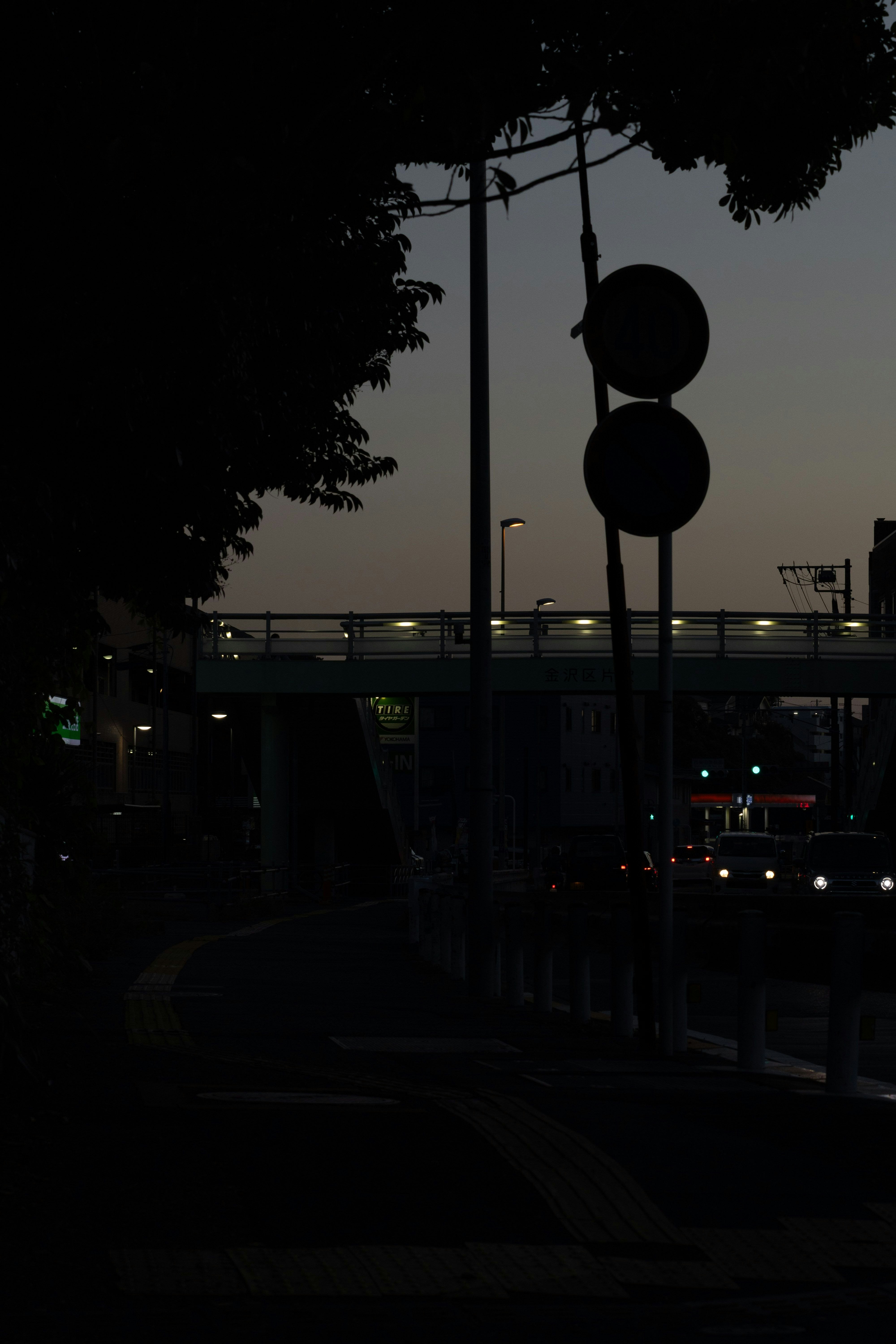 夜の高架下で信号機と街灯が並ぶ風景