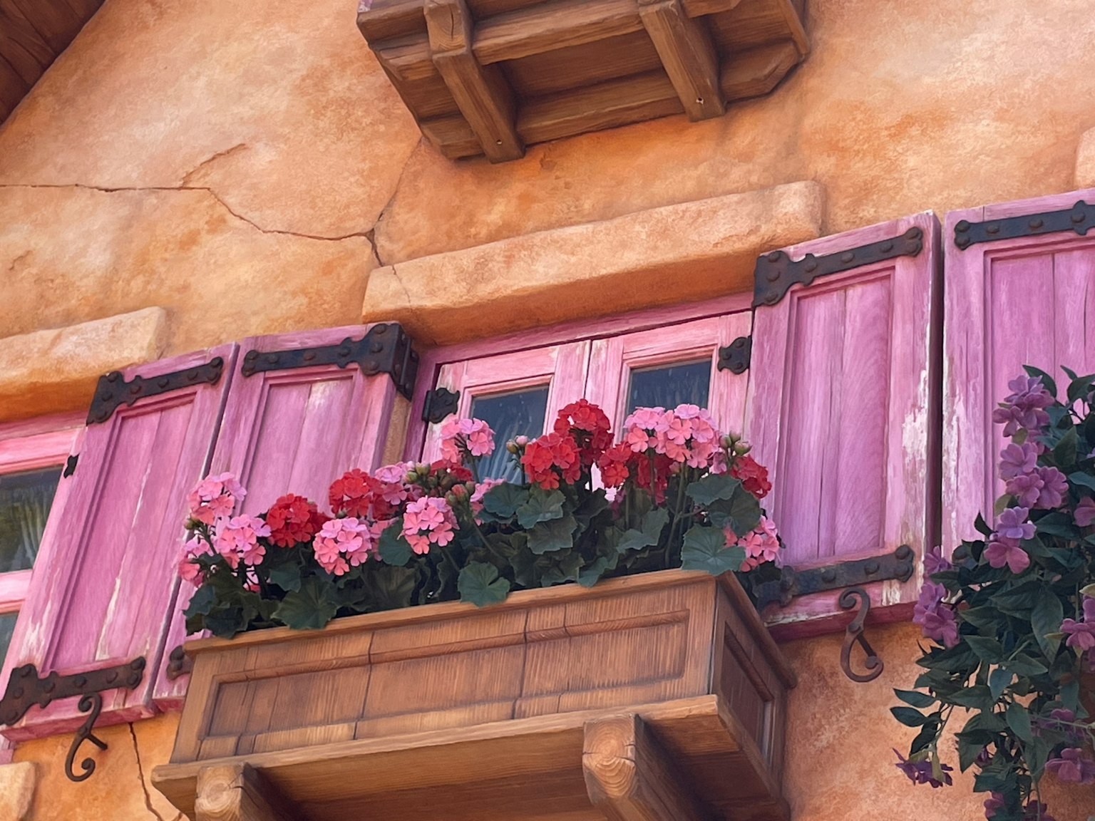 Fenster mit rosa Fensterläden und Blumenkasten voller bunter Blumen