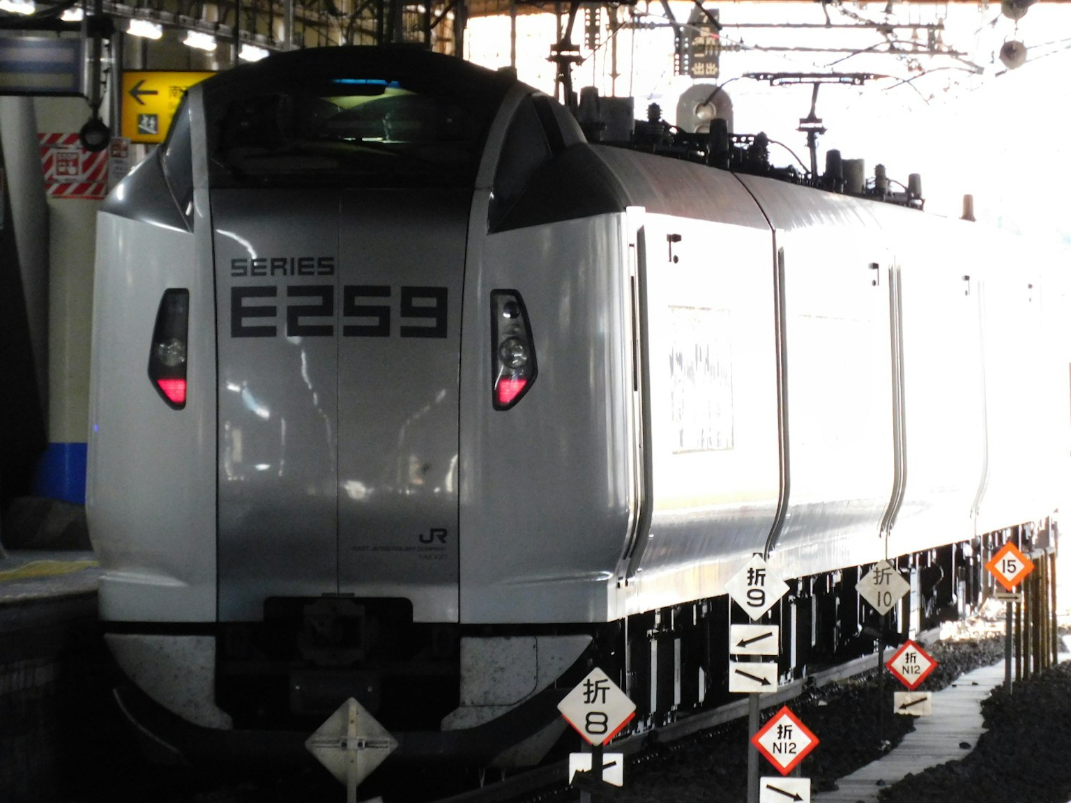 Treno argento della serie E259 parcheggiato in una stazione