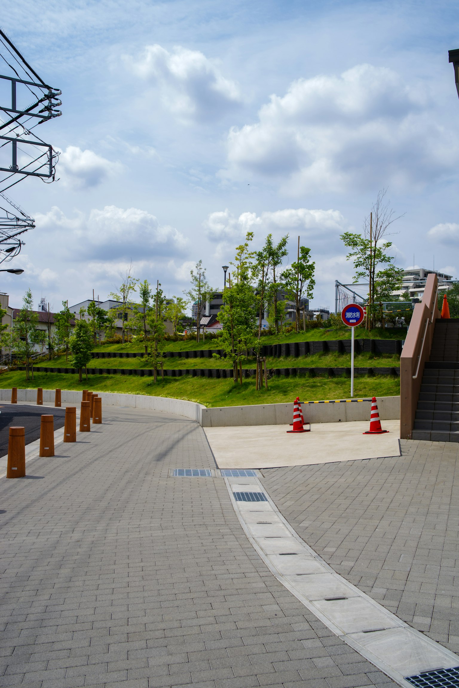 Chemin menant à un parc verdoyant sous un ciel bleu