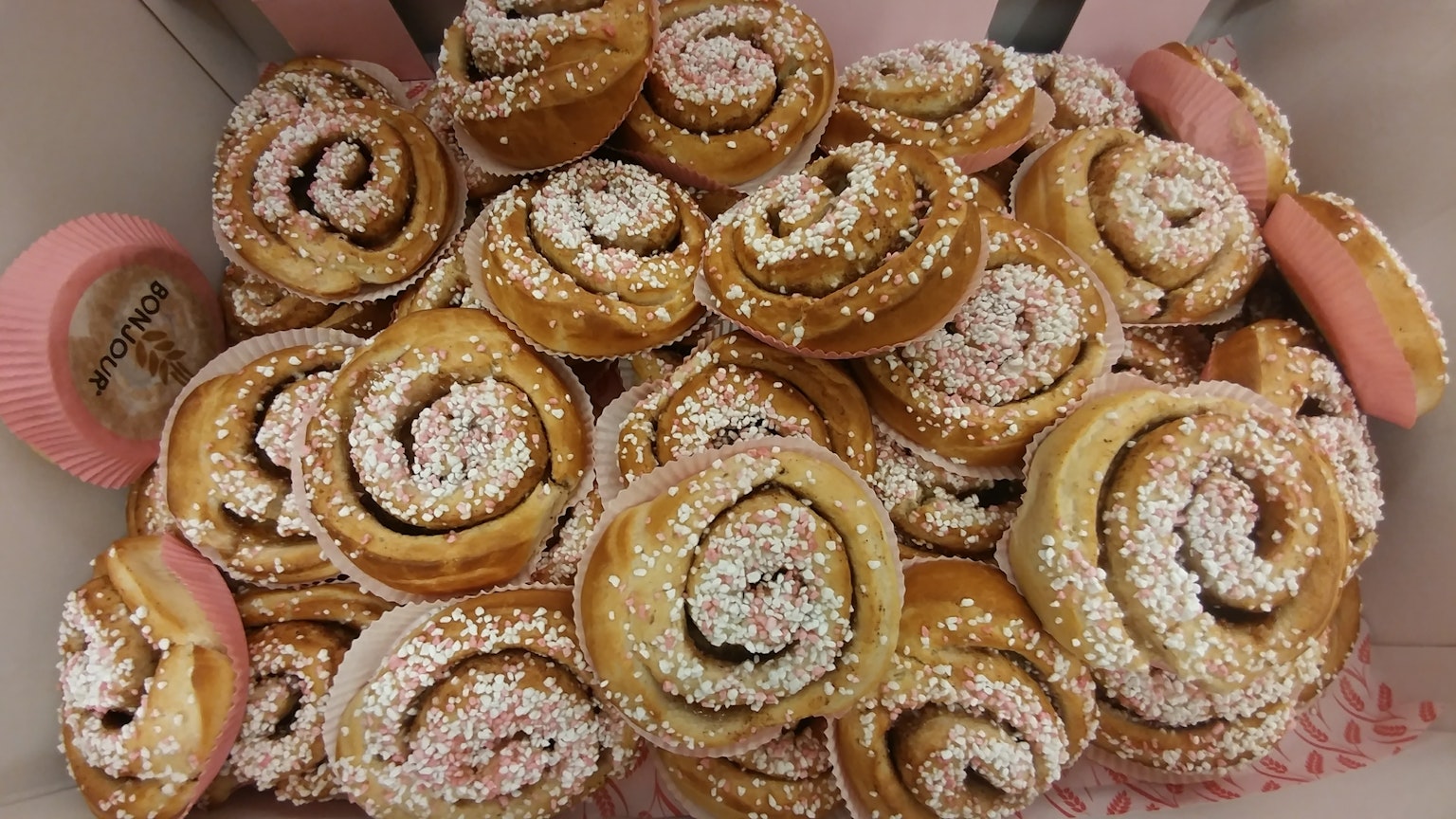 A box filled with sweet rolled pastries topped with powdered sugar
