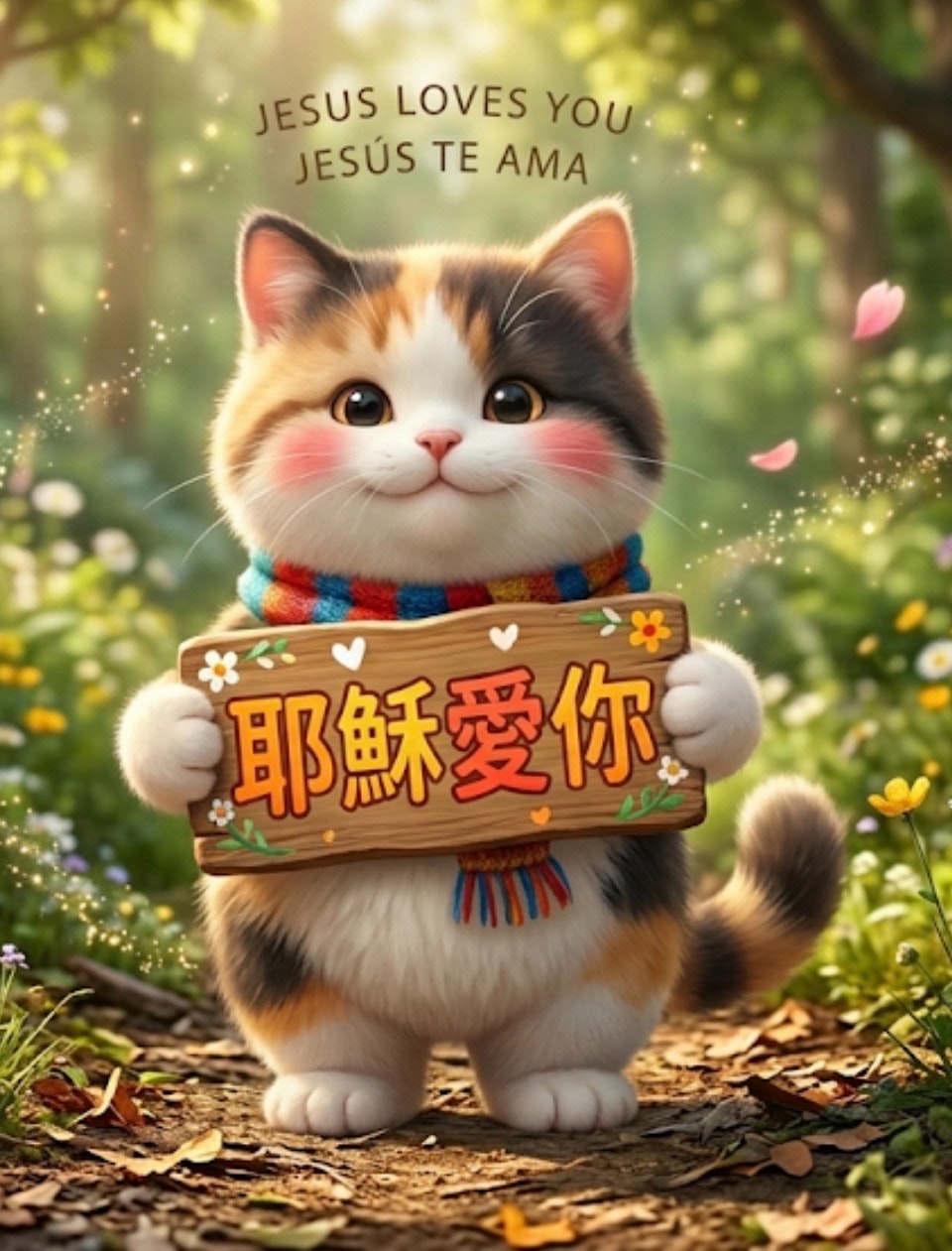 花畑の小道でマフラーをした子猫の可愛いポーズ