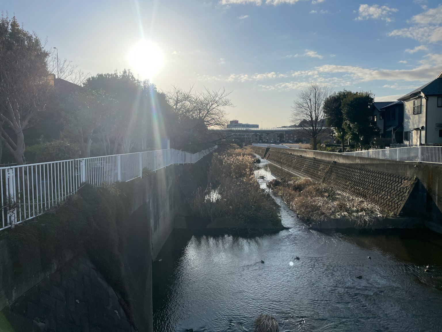 Malersiche Ansicht eines Flusses mit Sonnenschein und nahegelegenen Gebäuden
