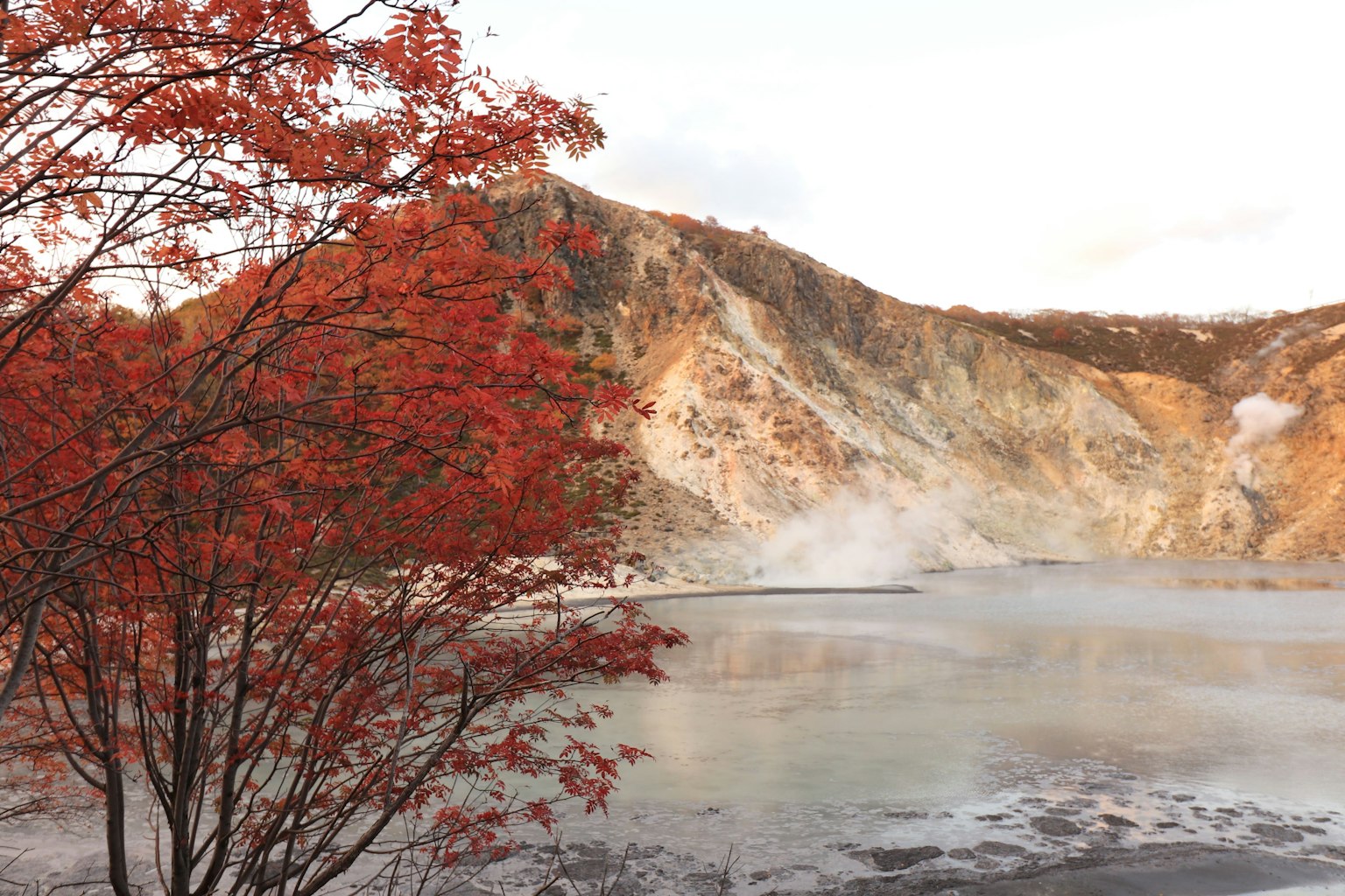 Vista panoramica di una montagna con sorgenti termali e un albero con foglie rosse