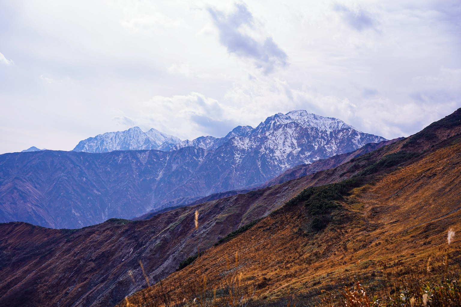 Scenic view of mountains with snow-capped peaks